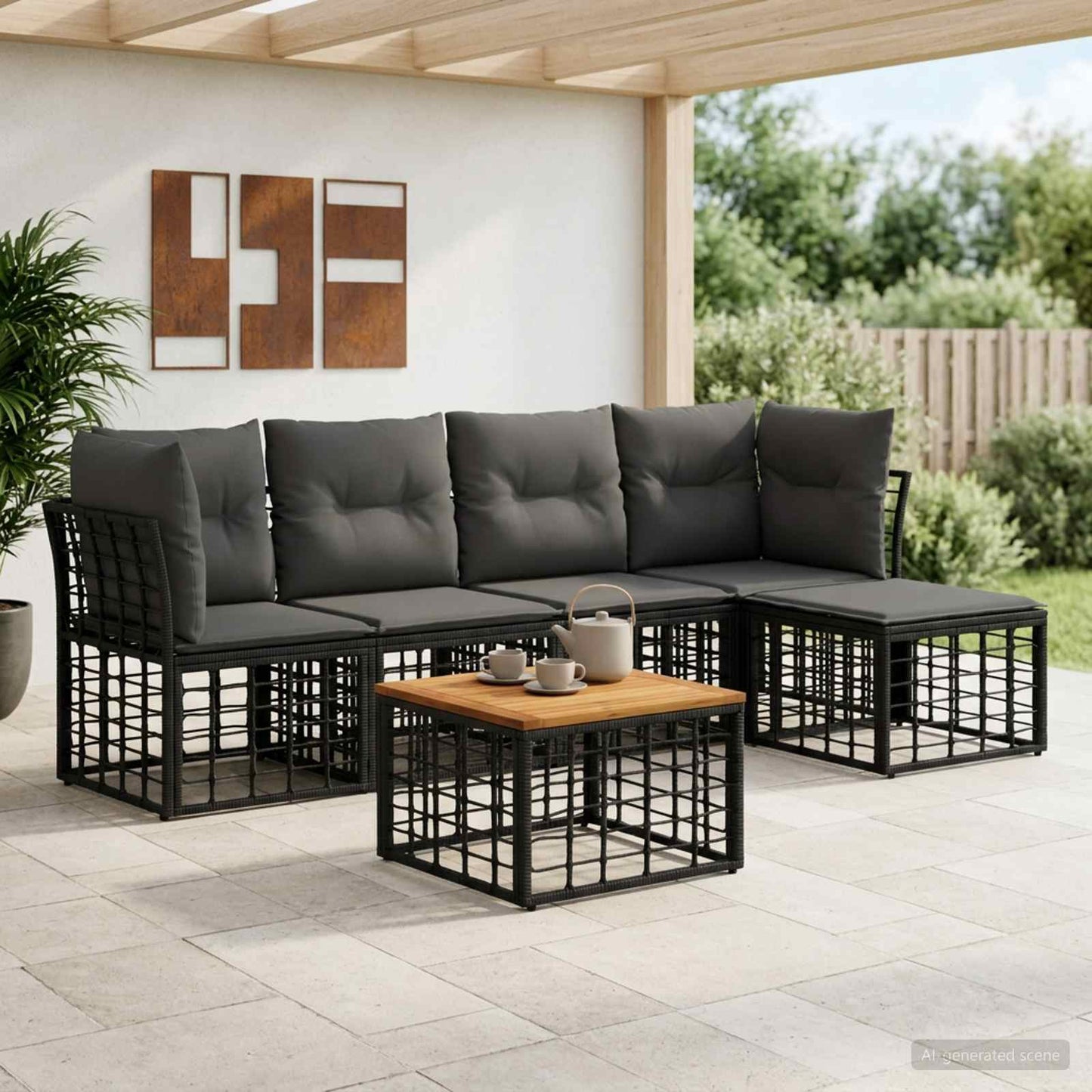 Set di divani da esterno 6 pz Nero e Grigio scuro Poliestere