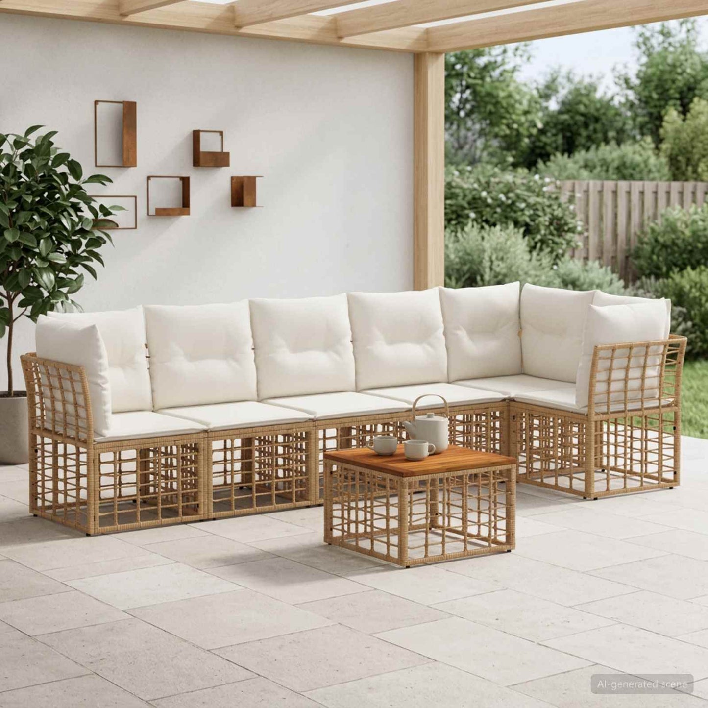 Set Divano da Giardino 7 pz Naturale e Bianco Crema polyrattan