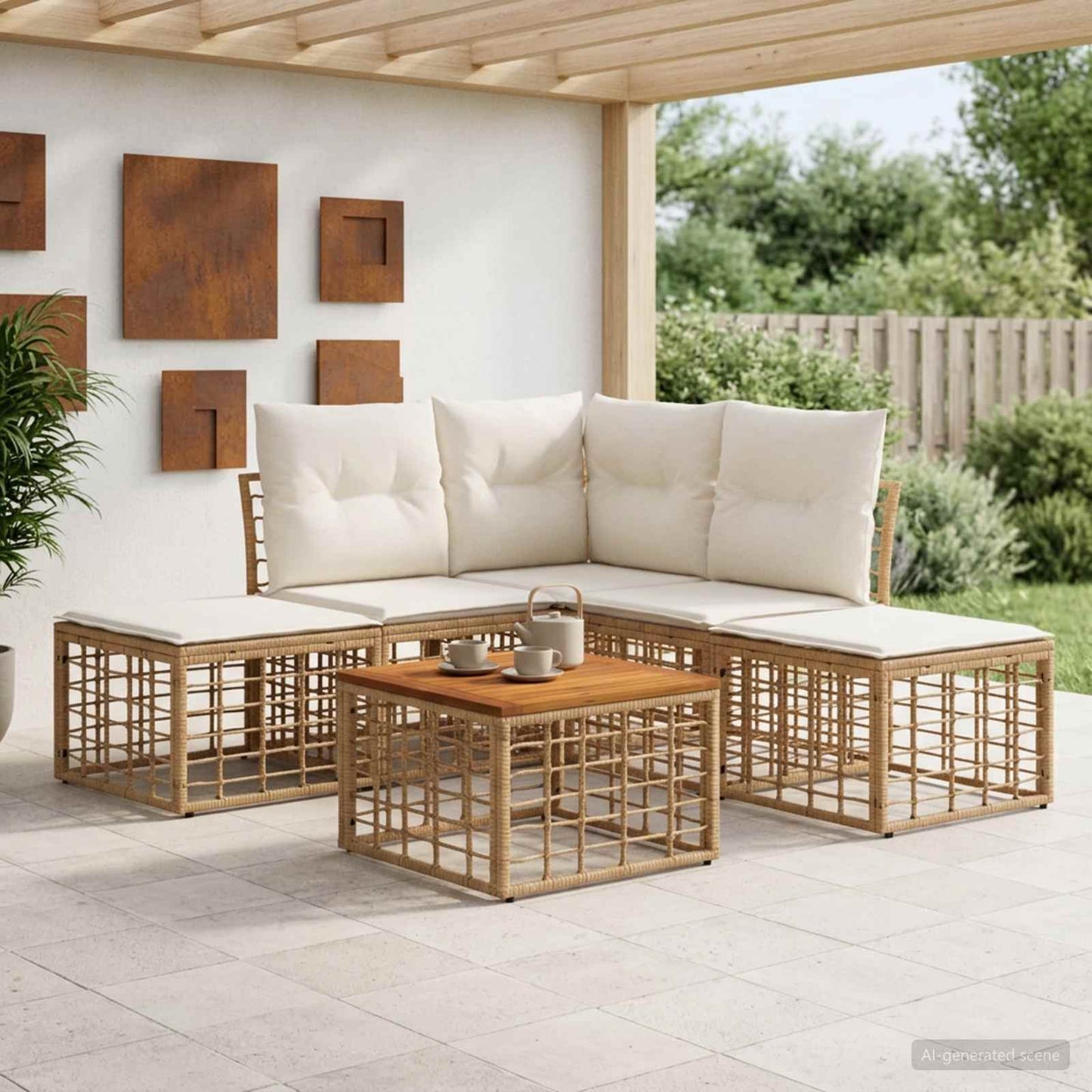 Set di divani da esterno 6 pz Naturale e Bianco Crema