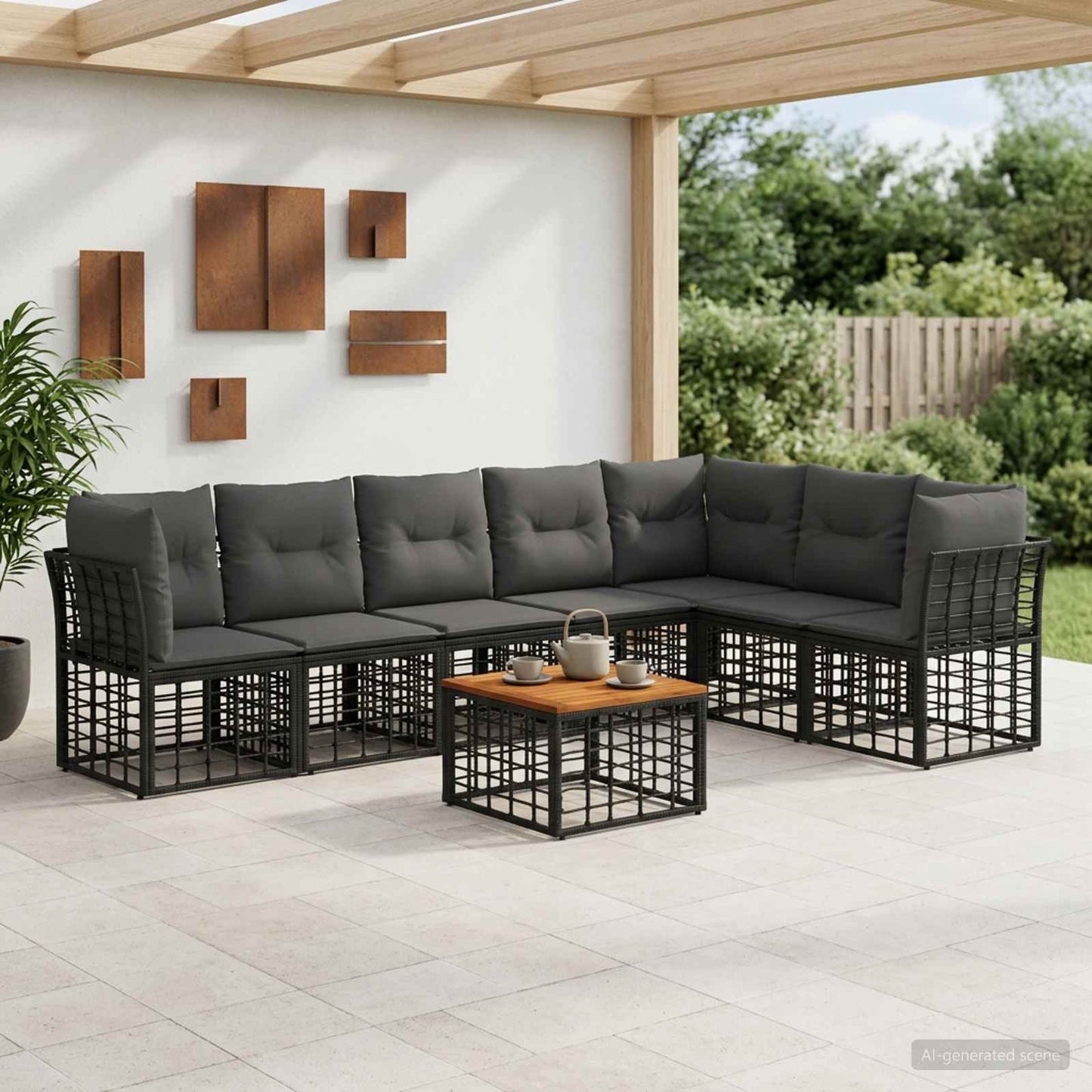 Set di divani da esterno 8 pz Nero e Grigio scuro Poliestere