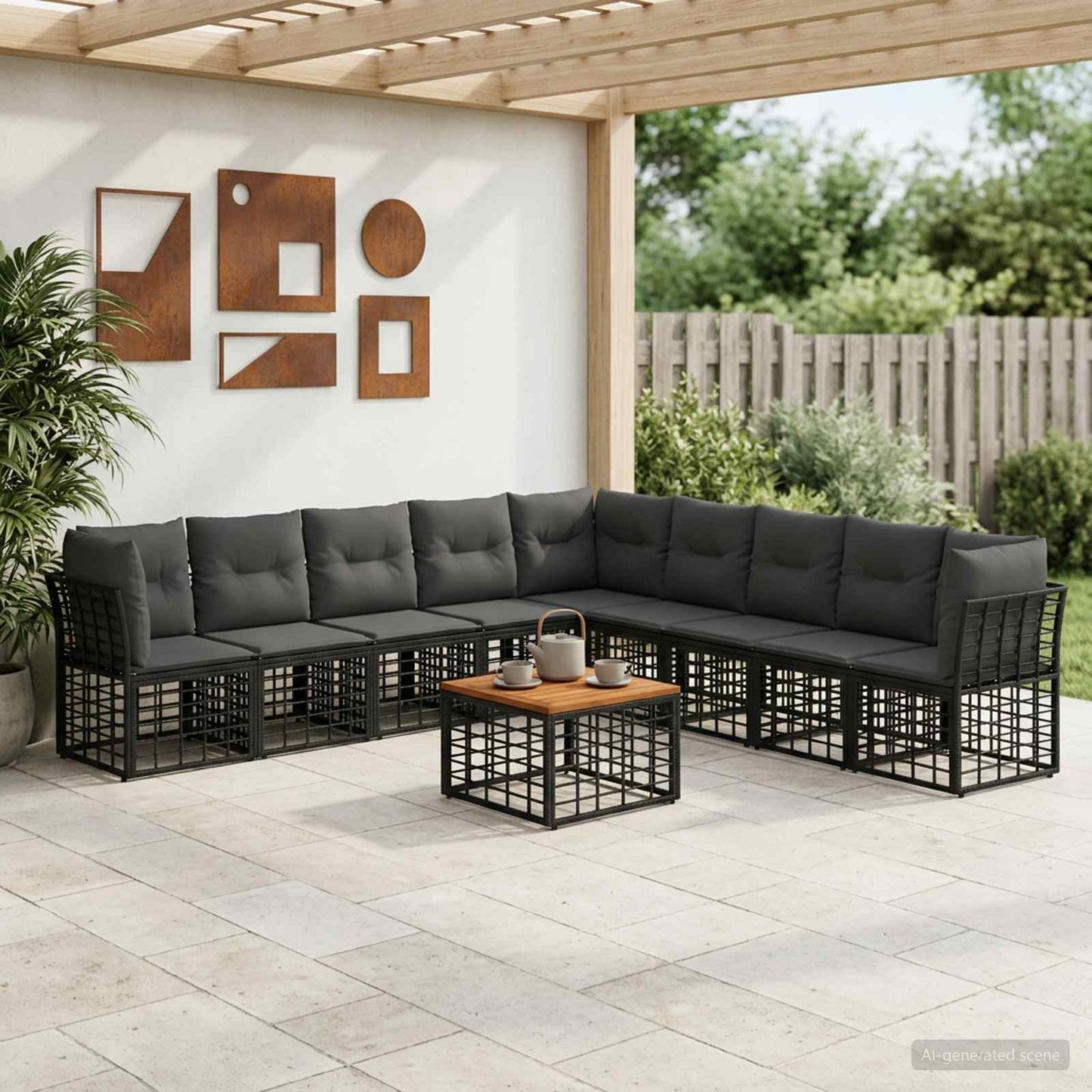 Set di divani da esterno 10 pz Nero e Grigio scuro Poliestere