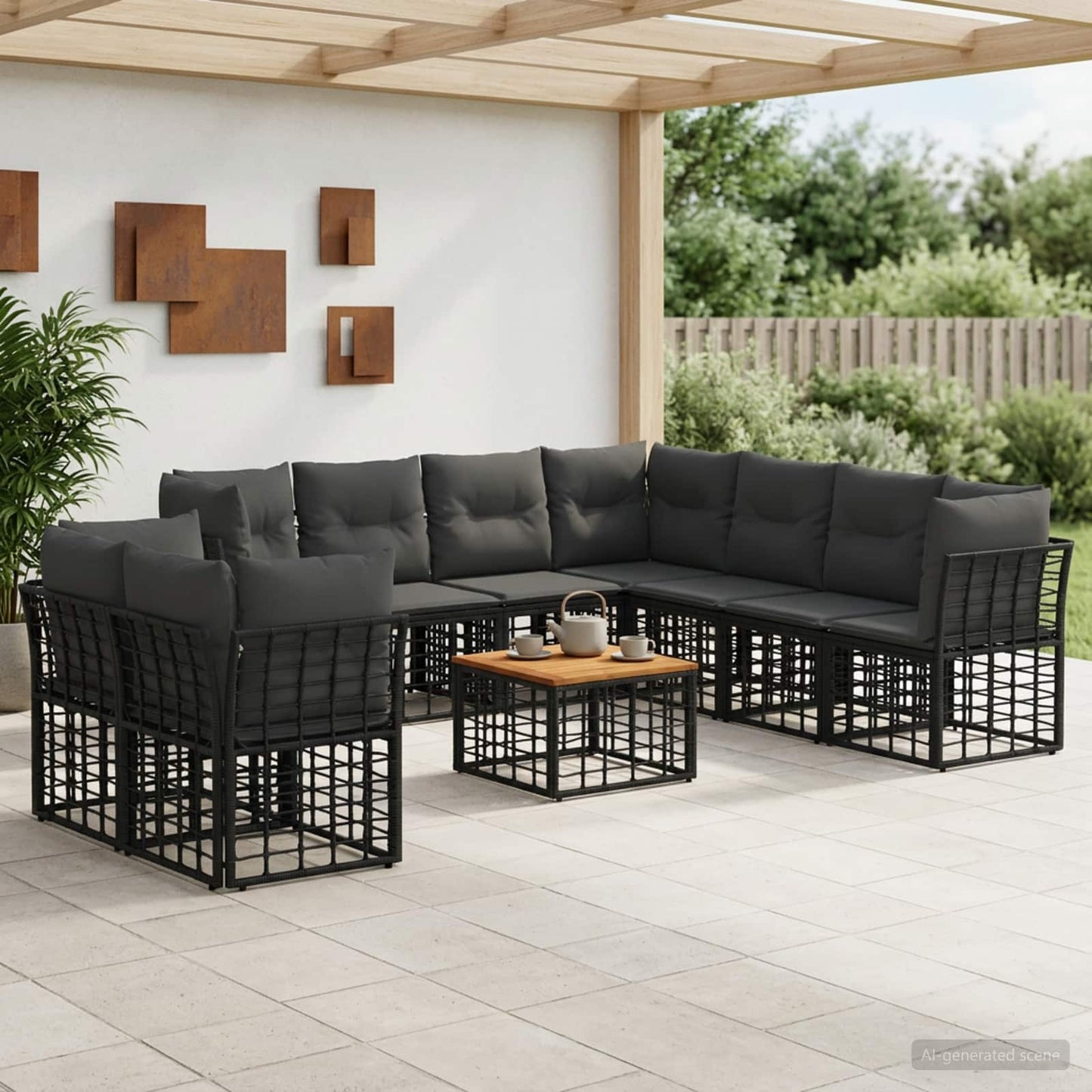 Set di divani da esterno 10 pz Nero e Grigio scuro Poliestere