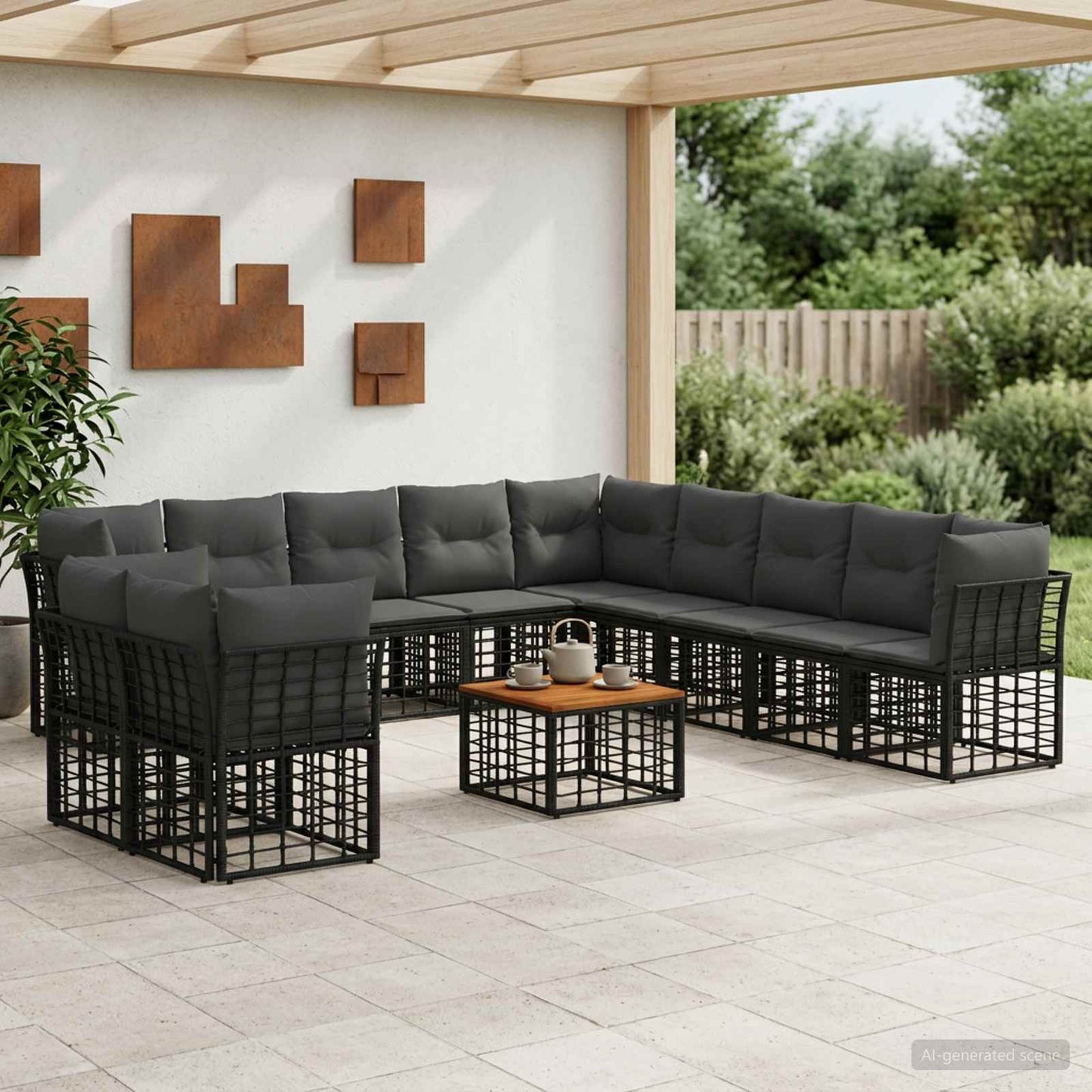 Set di divani da esterno 12 pz Nero e Grigio scuro Poliestere