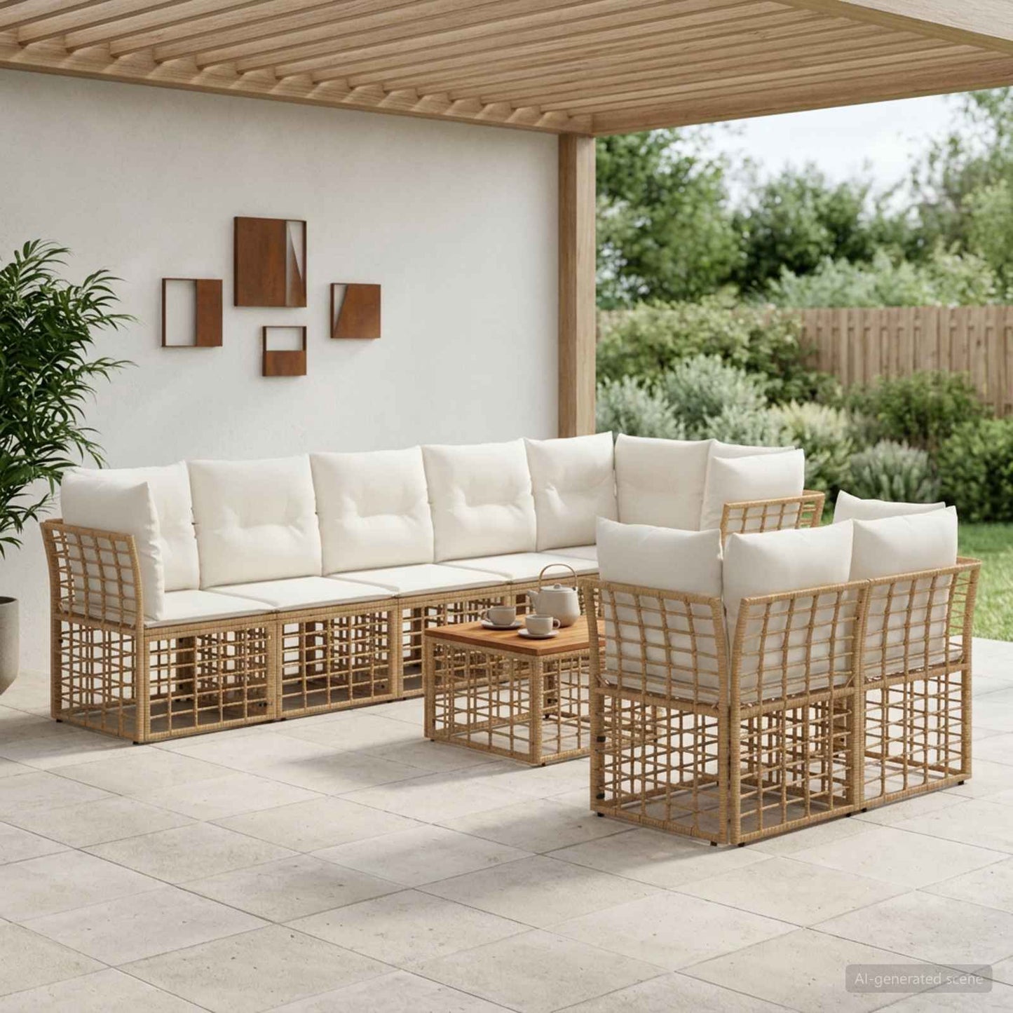 Set di divani da esterno 9 pz Naturale e Bianco Crema