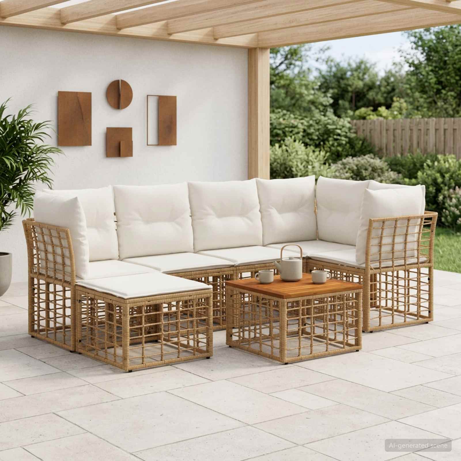 Set di divani da esterno 7 pcs Naturale e Bianco Crema | homemem39