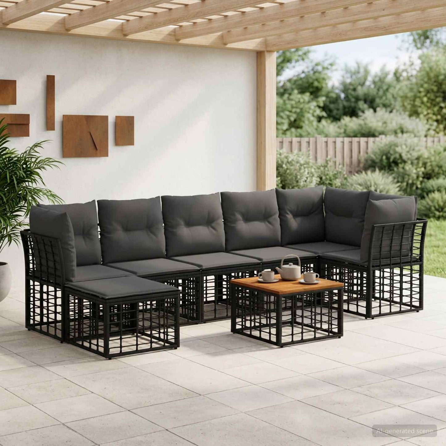 Set di divani da esterno 8 pz Nero e Grigio scuro Poliestere