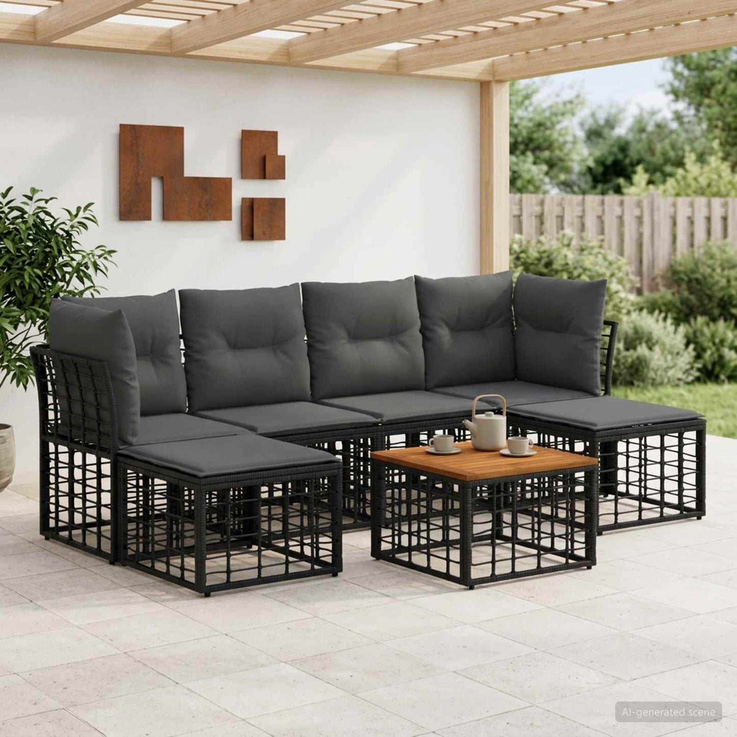 Set di divani da esterno 7 pz Nero e Grigio scuro Poliestere