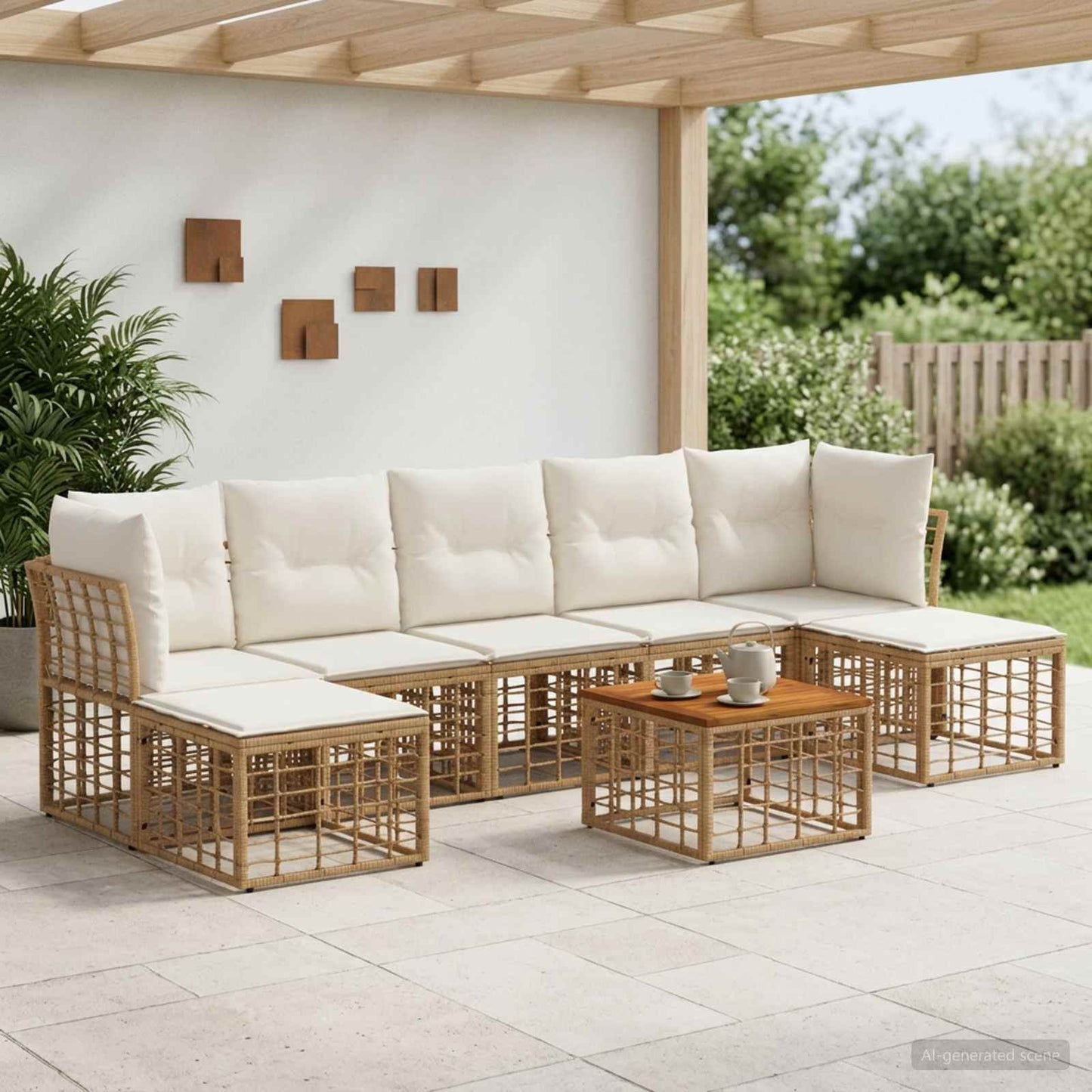Set di divani da esterno 8 pz Naturale e Bianco Crema