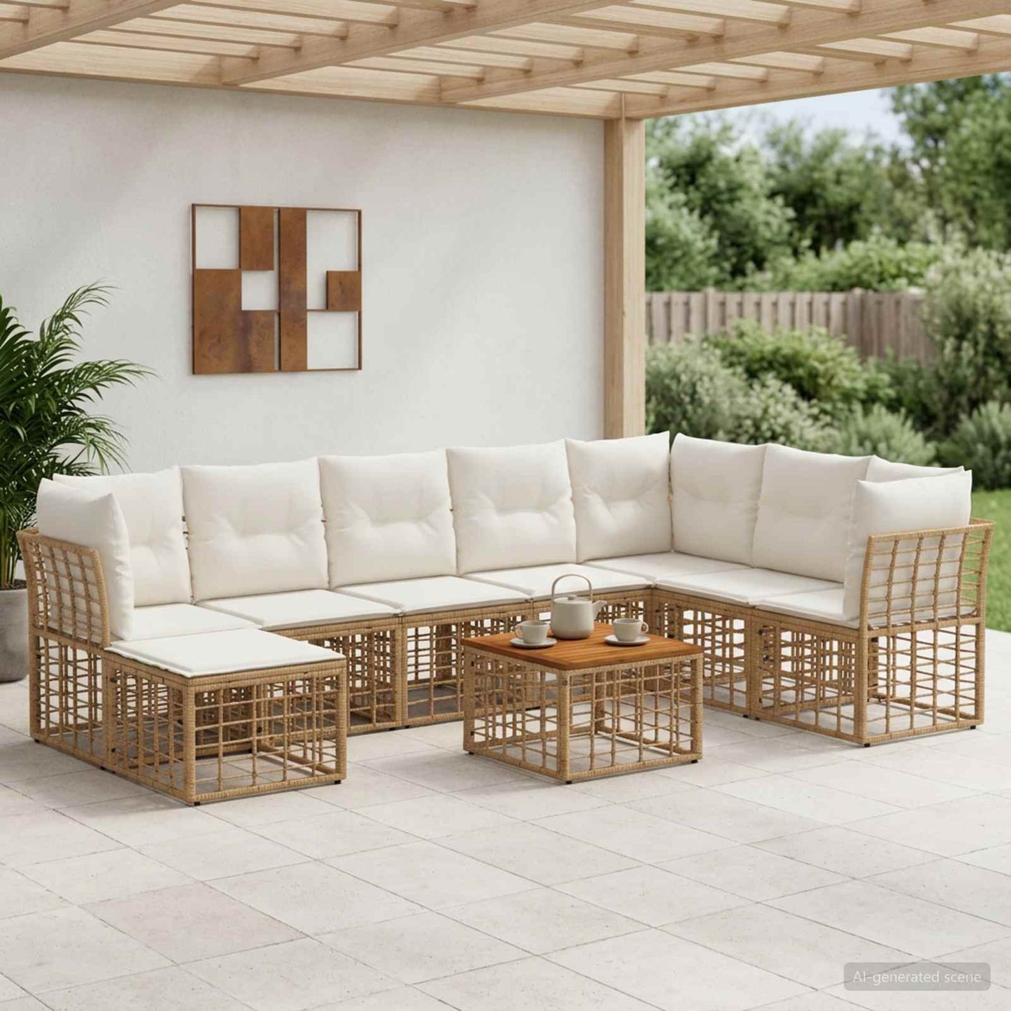 Set di divani da esterno 9 pz Naturale e Bianco Crema