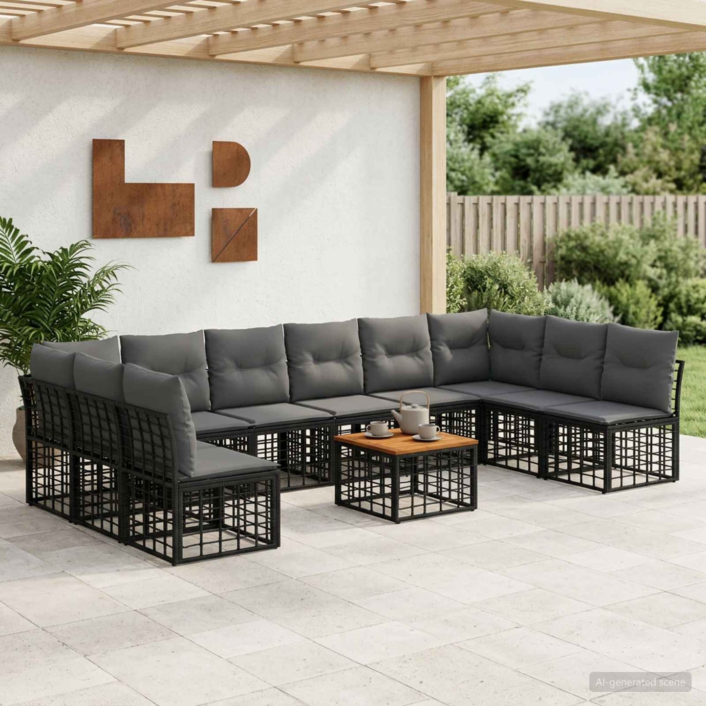 Set di divani da esterno 11 pz Nero e Grigio scuro Poliestere