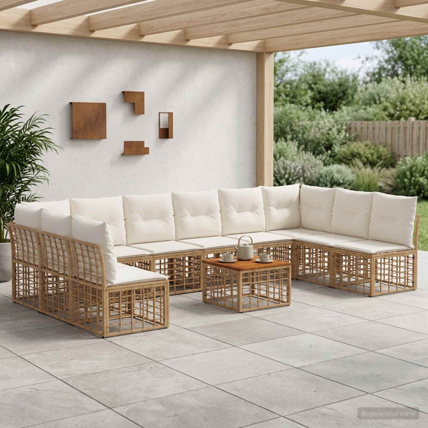 Set di divani da esterno 11 pz Naturale e Bianco Crema