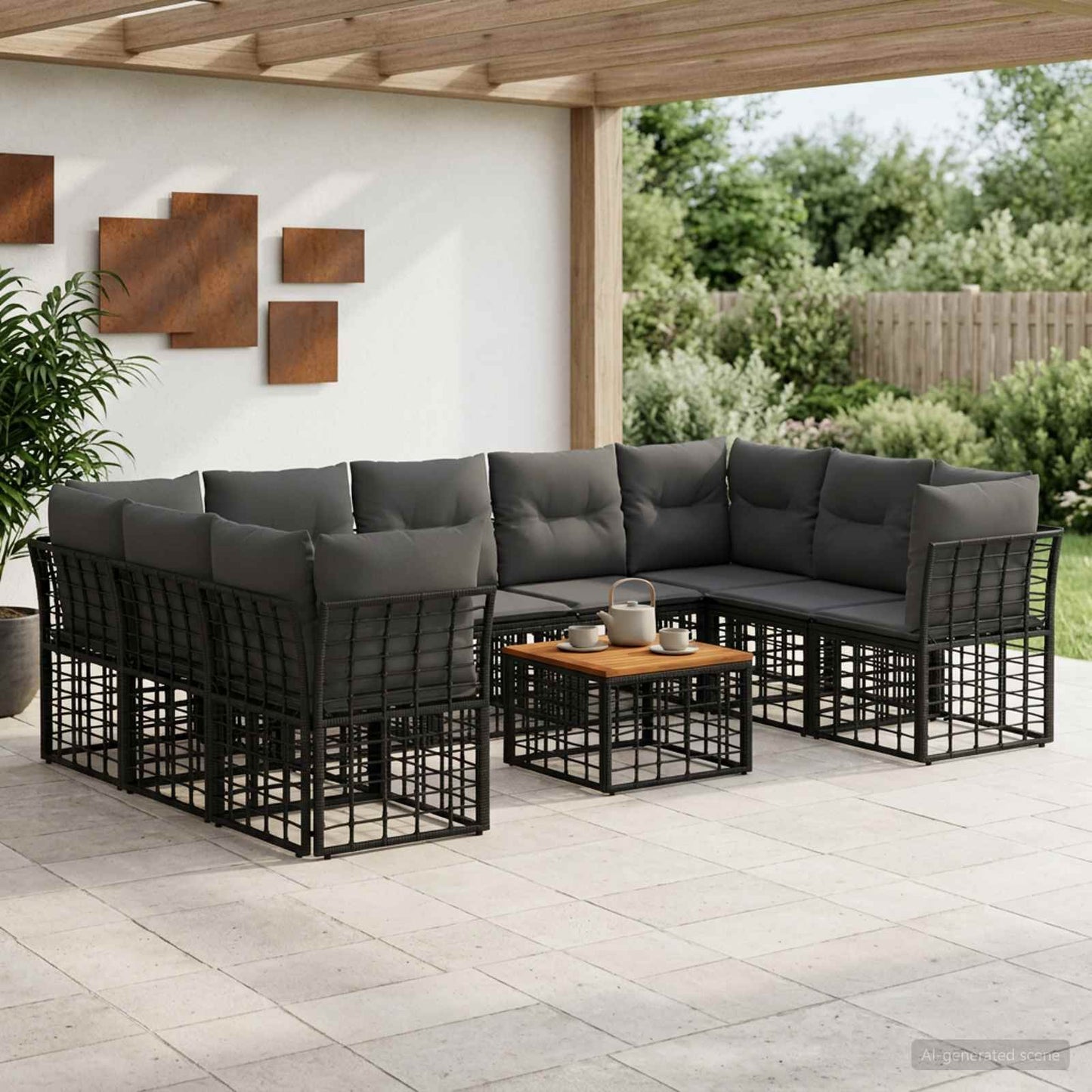 Set di divani da esterno 10 pz Nero e Grigio scuro Poliestere