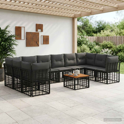 Set di divani da esterno 11 pz Nero e Grigio scuro Poliestere