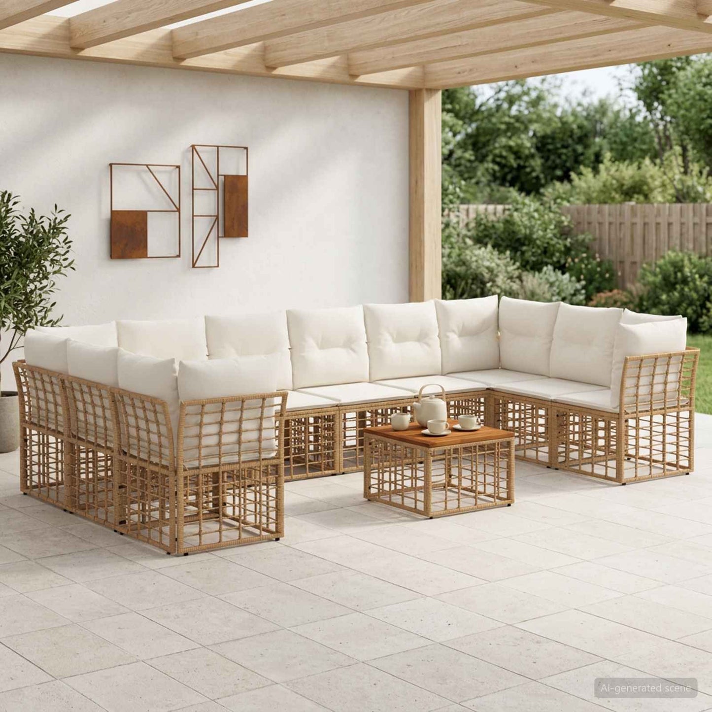 Set di divani da esterno 11 pz Naturale e Bianco Crema