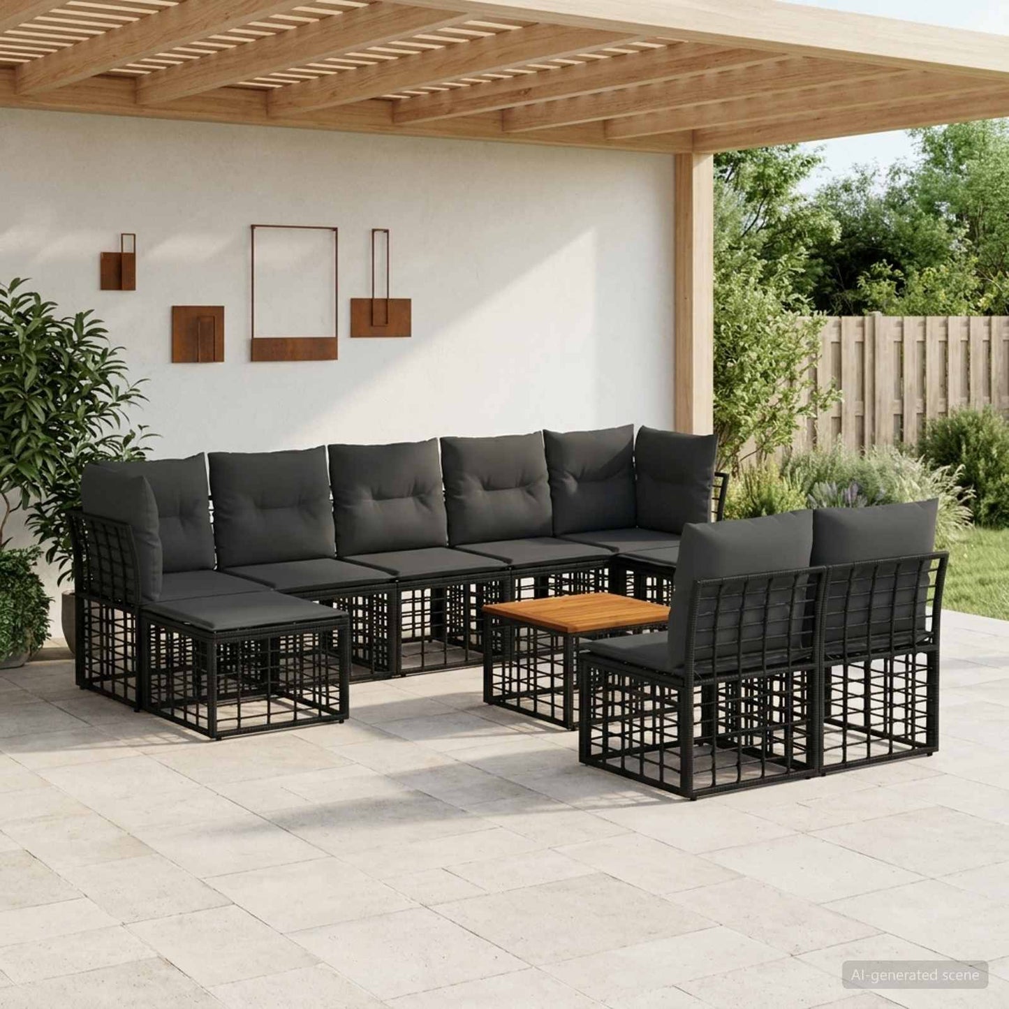 Set di divani da esterno 10 pcs Nero e Grigio scuro Poliestere