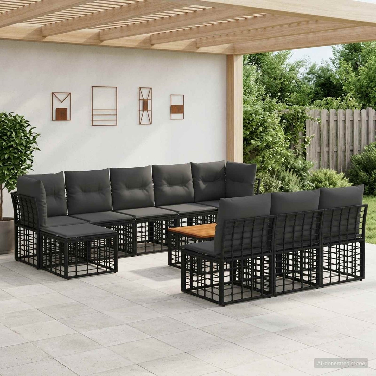 Set di divani da esterno 11 pcs Nero e Grigio scuro Poliestere