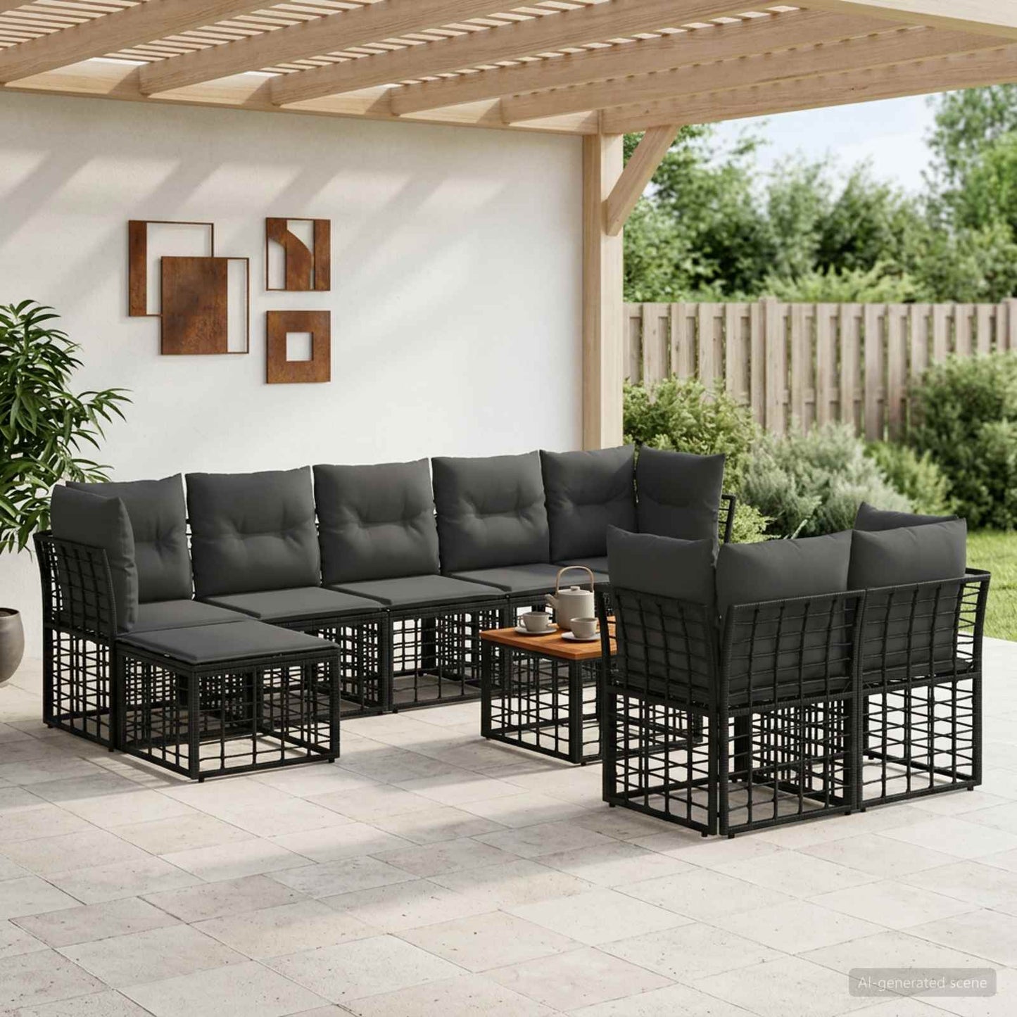 Set di divani da esterno 10 pz Nero e Grigio scuro Poliestere