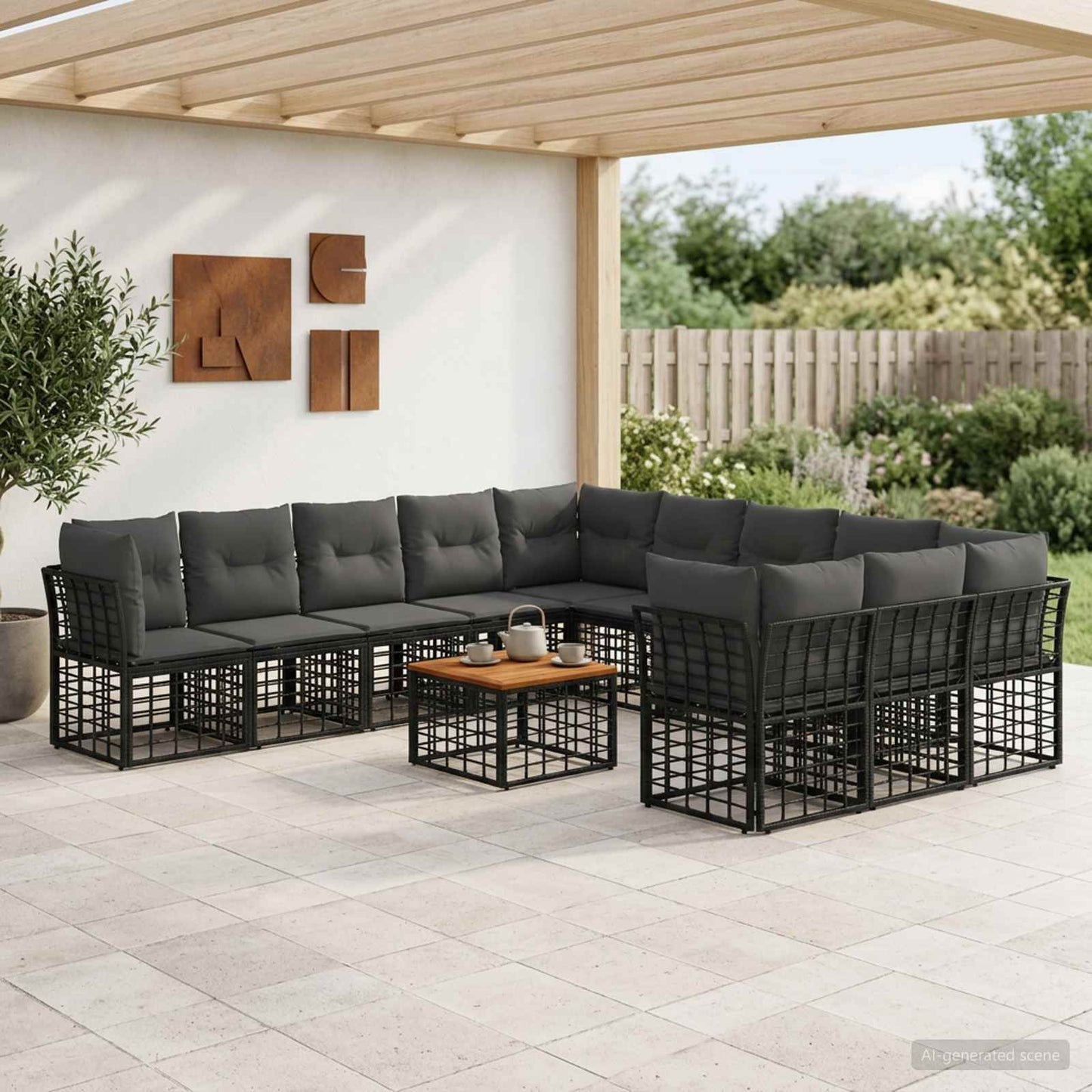 Set di divani da esterno 12 pz Nero e Grigio scuro Poliestere