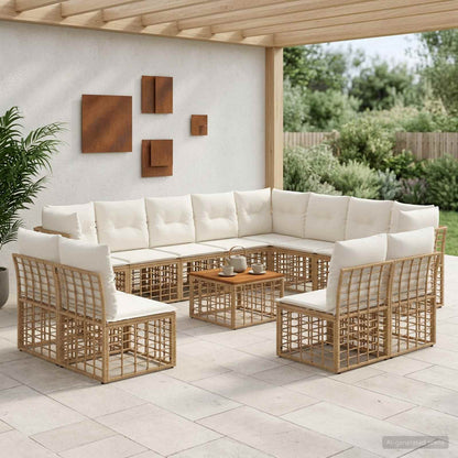 Set di divani da esterno 13 pz Naturale e Bianco Crema