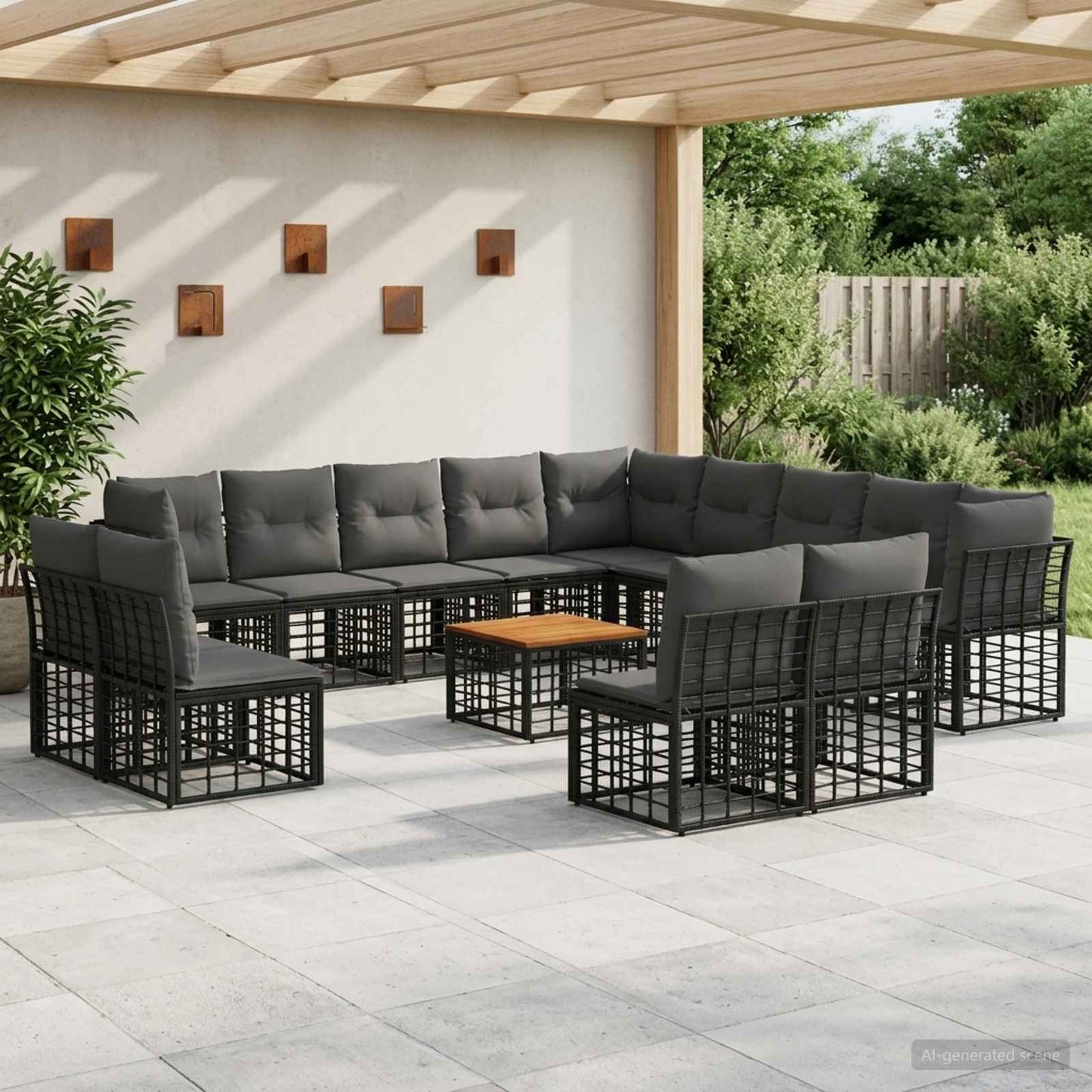 Set di divani da esterno 14 pcs Nero e Grigio scuro Poliestere
