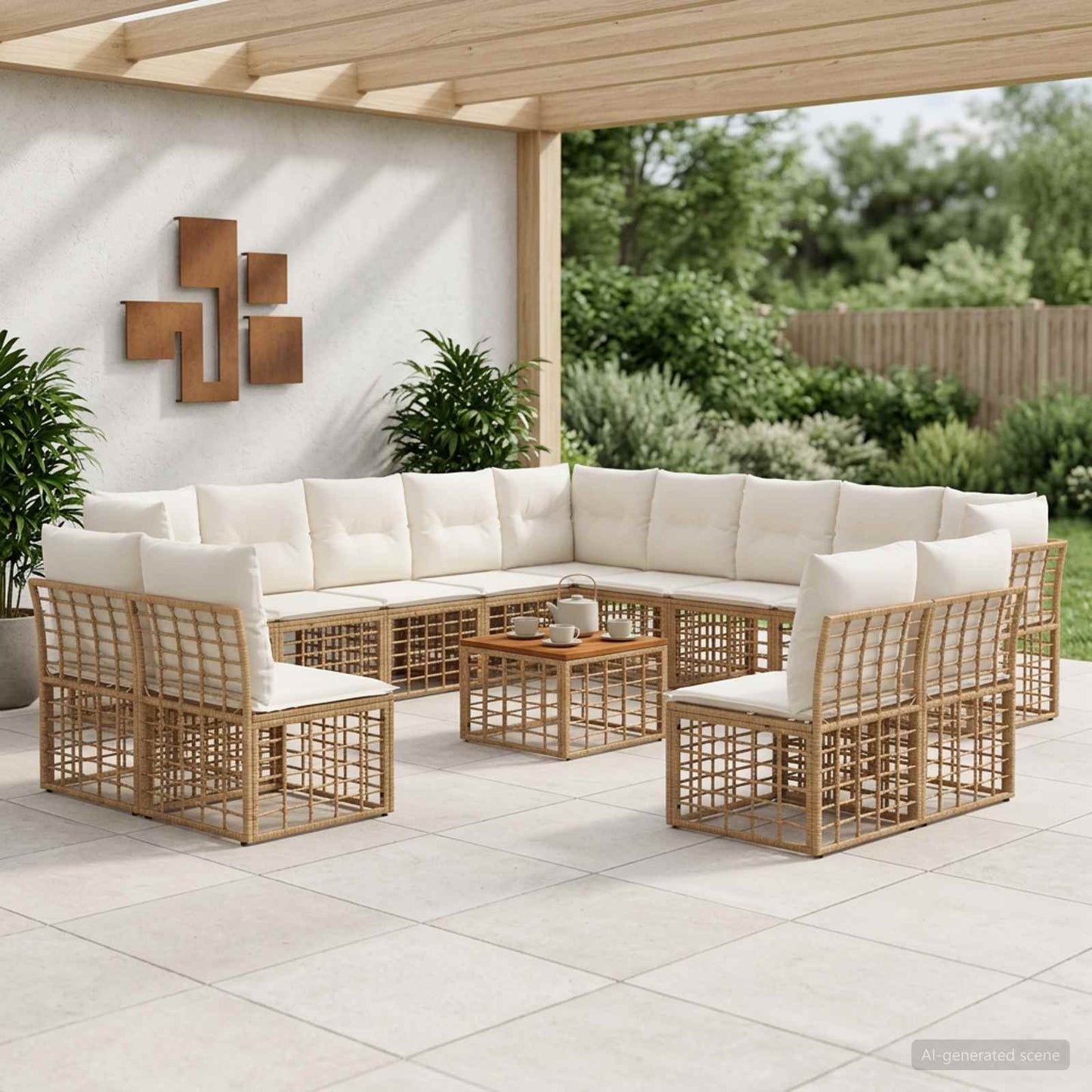 Set di divani da esterno 14 pz Naturale e Bianco Crema