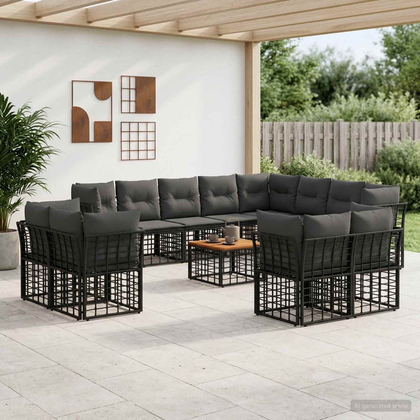 Set di divani da esterno 13 pz Nero e Grigio scuro Poliestere