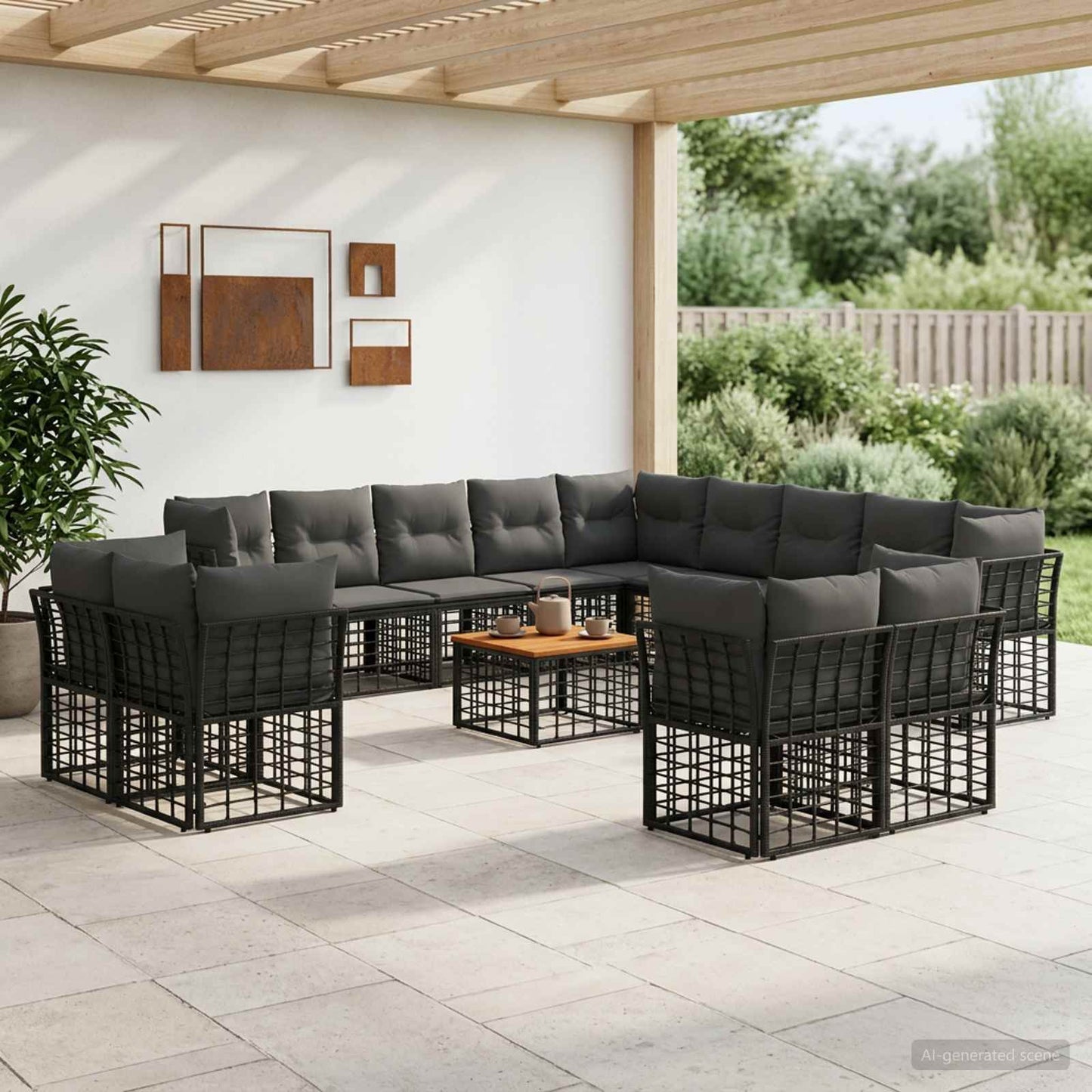 Set di divani da esterno 14 pz Nero e Grigio scuro Poliestere