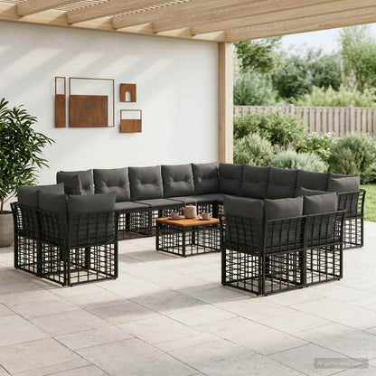 Set di divani da esterno 14 pz Nero e Grigio scuro Poliestere