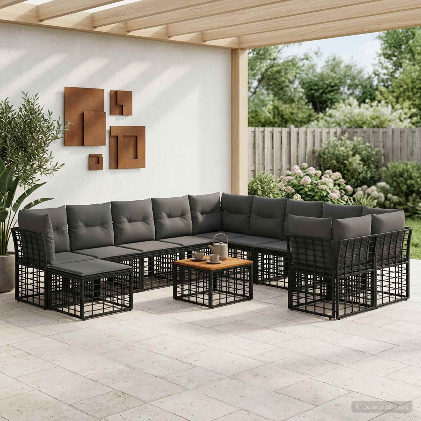 Set di divani da esterno 12 pz Nero e Grigio scuro Poliestere