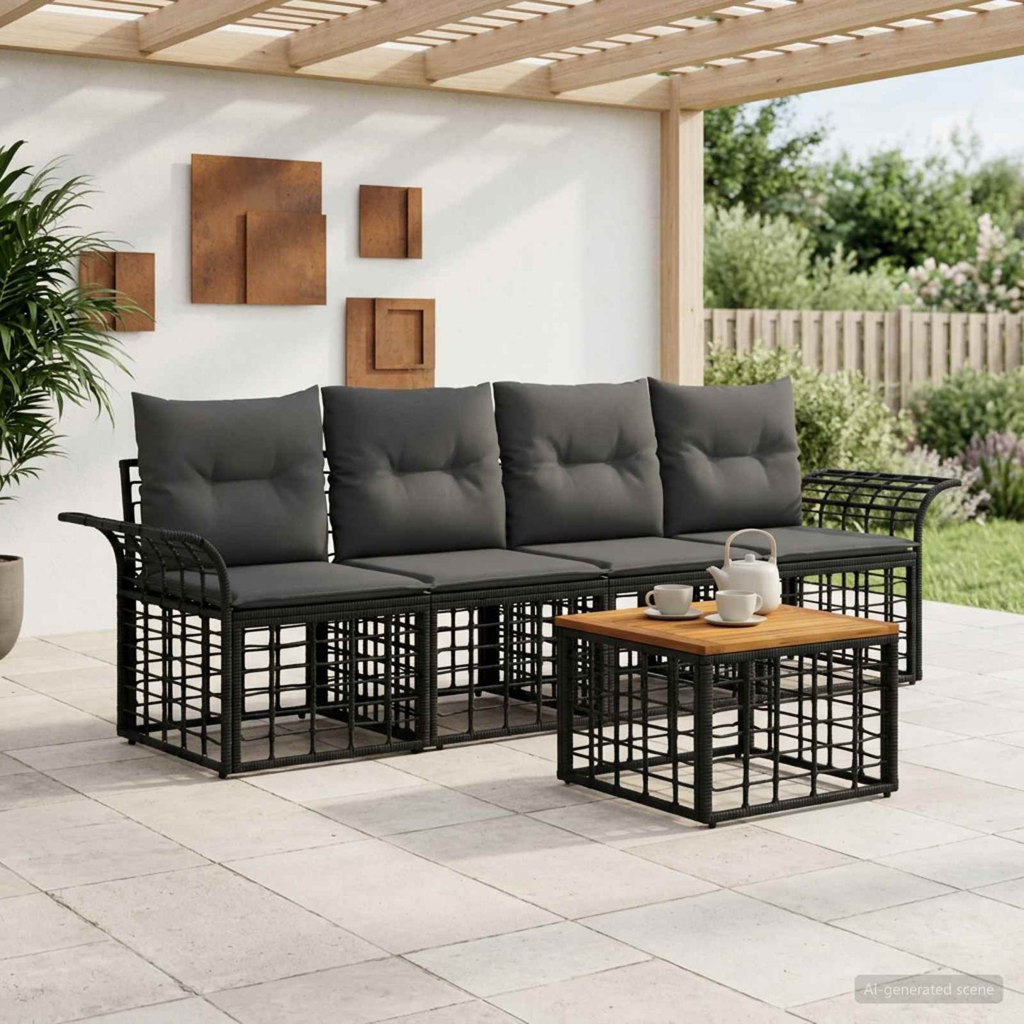 Set di divani da esterno 5 pz Nero e Grigio scuro Poliestere