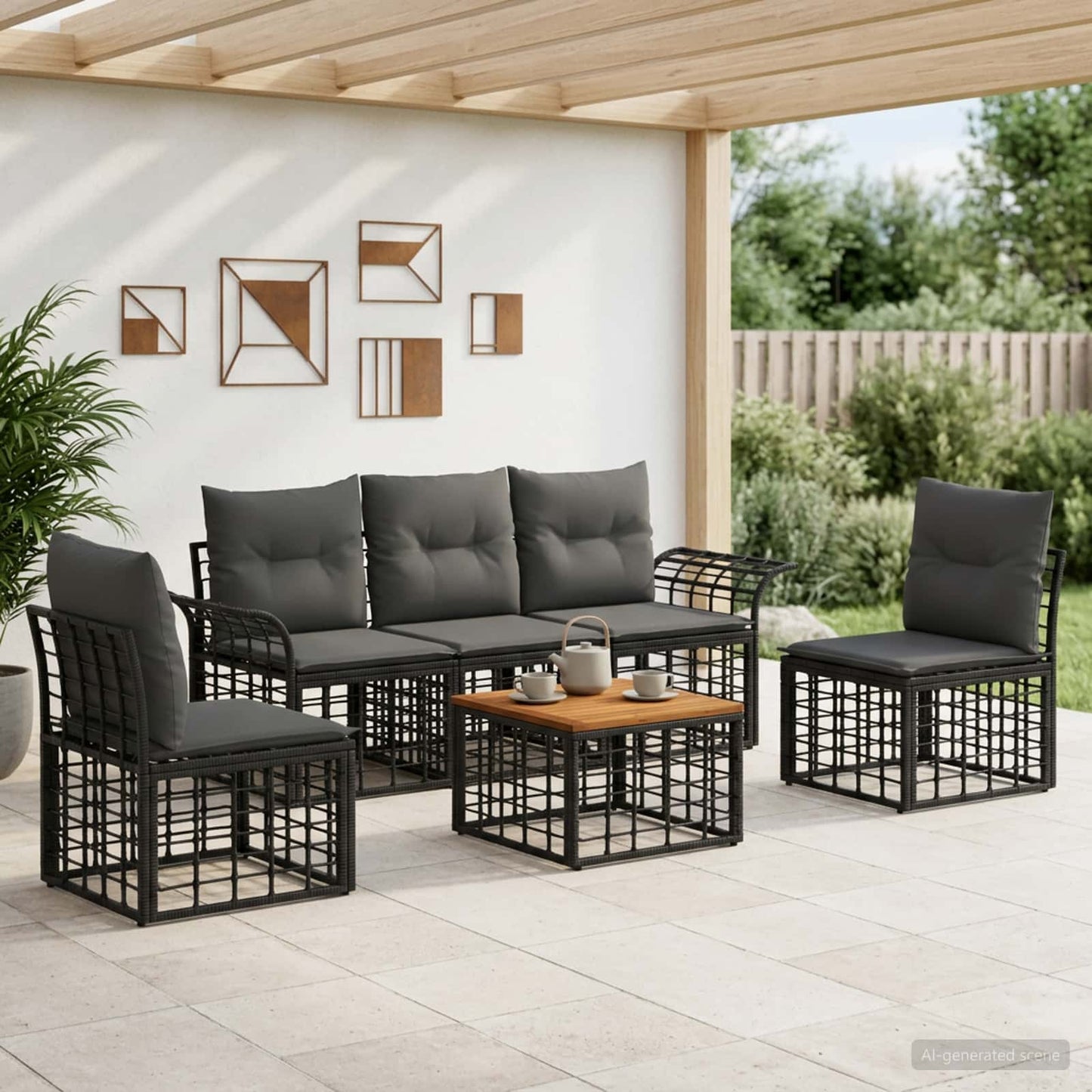 Set di divani da esterno 6 pz Nero e Grigio scuro Poliestere