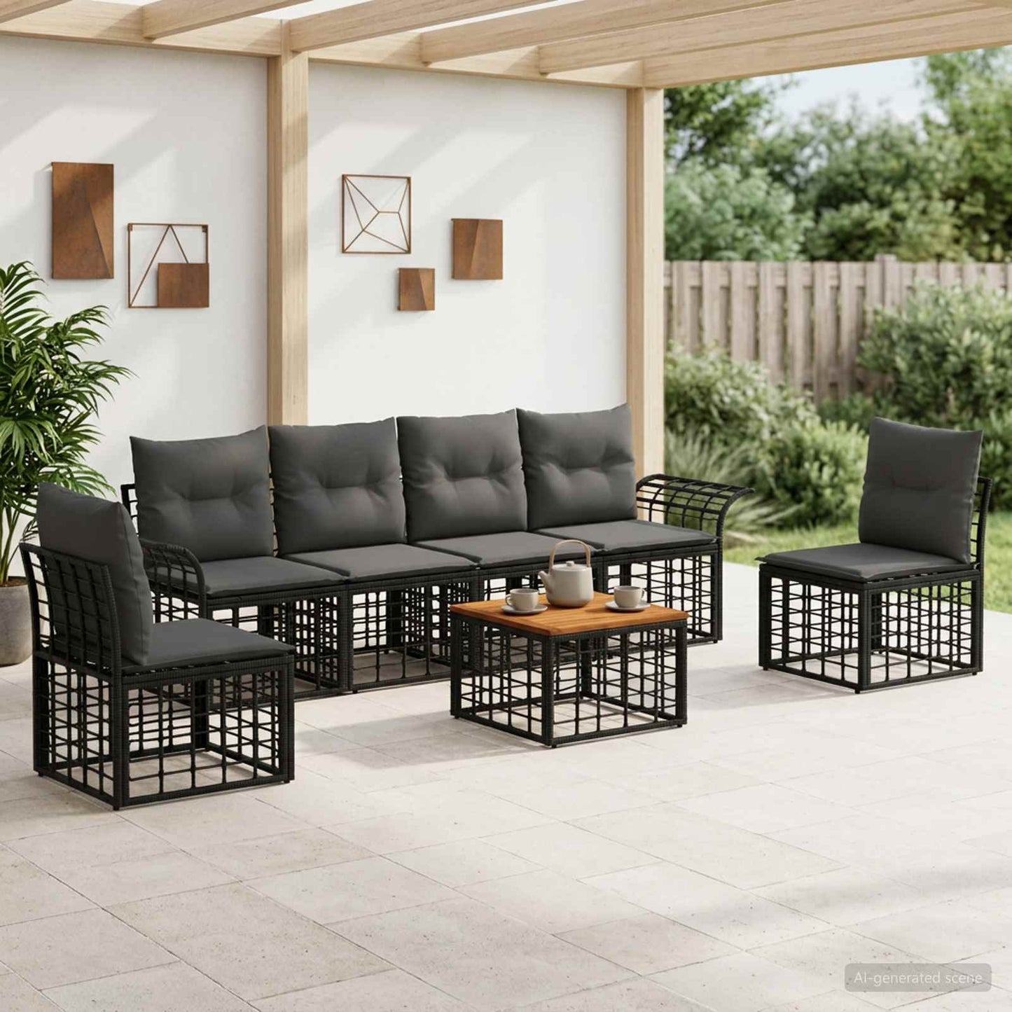 Set di divani da esterno 7 pz Nero e Grigio scuro Poliestere