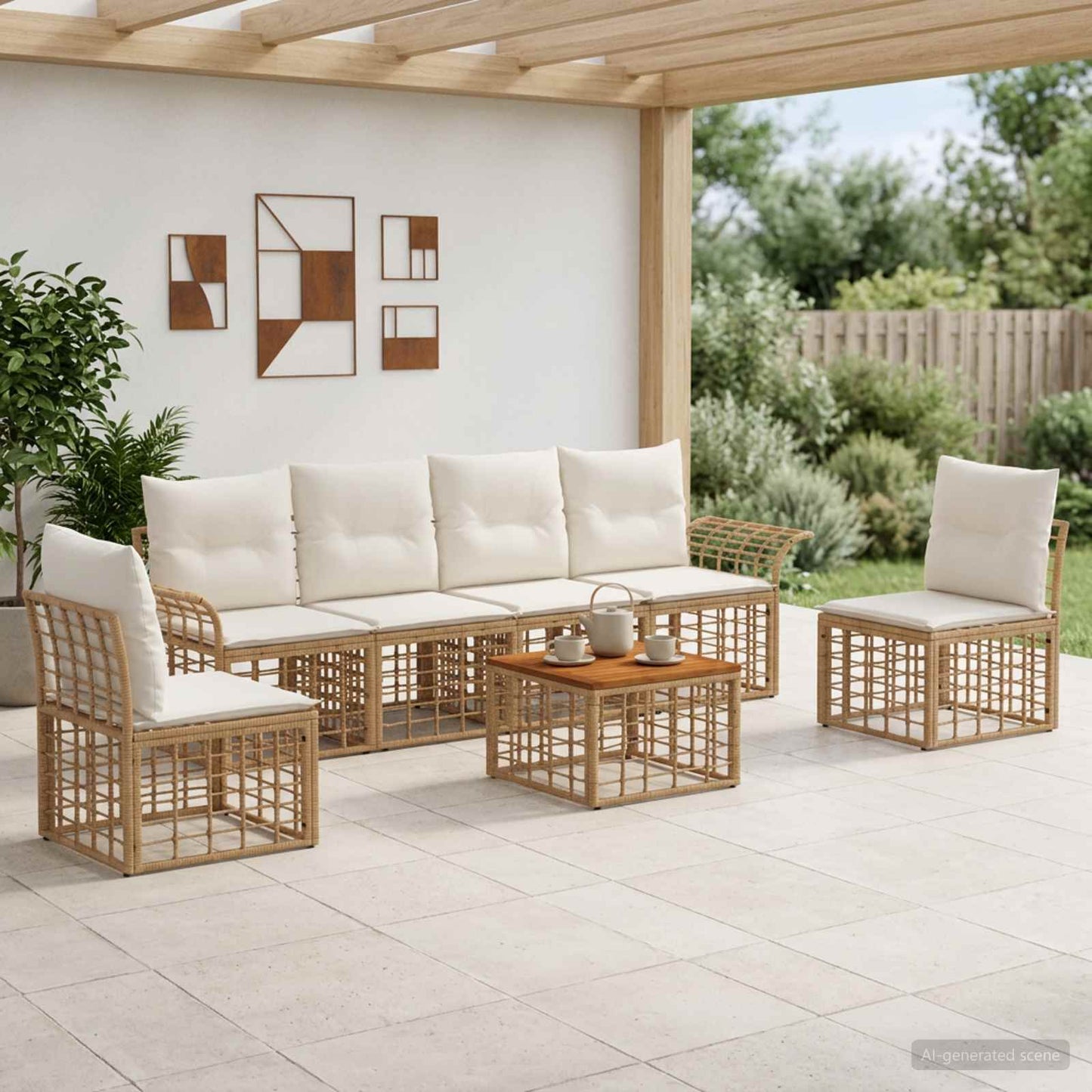 Set di divani da esterno 7 pcs Naturale e Bianco Crema | homemem39