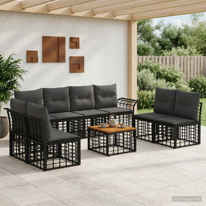 Set di divani da esterno 9 pz Nero e Grigio scuro Poliestere