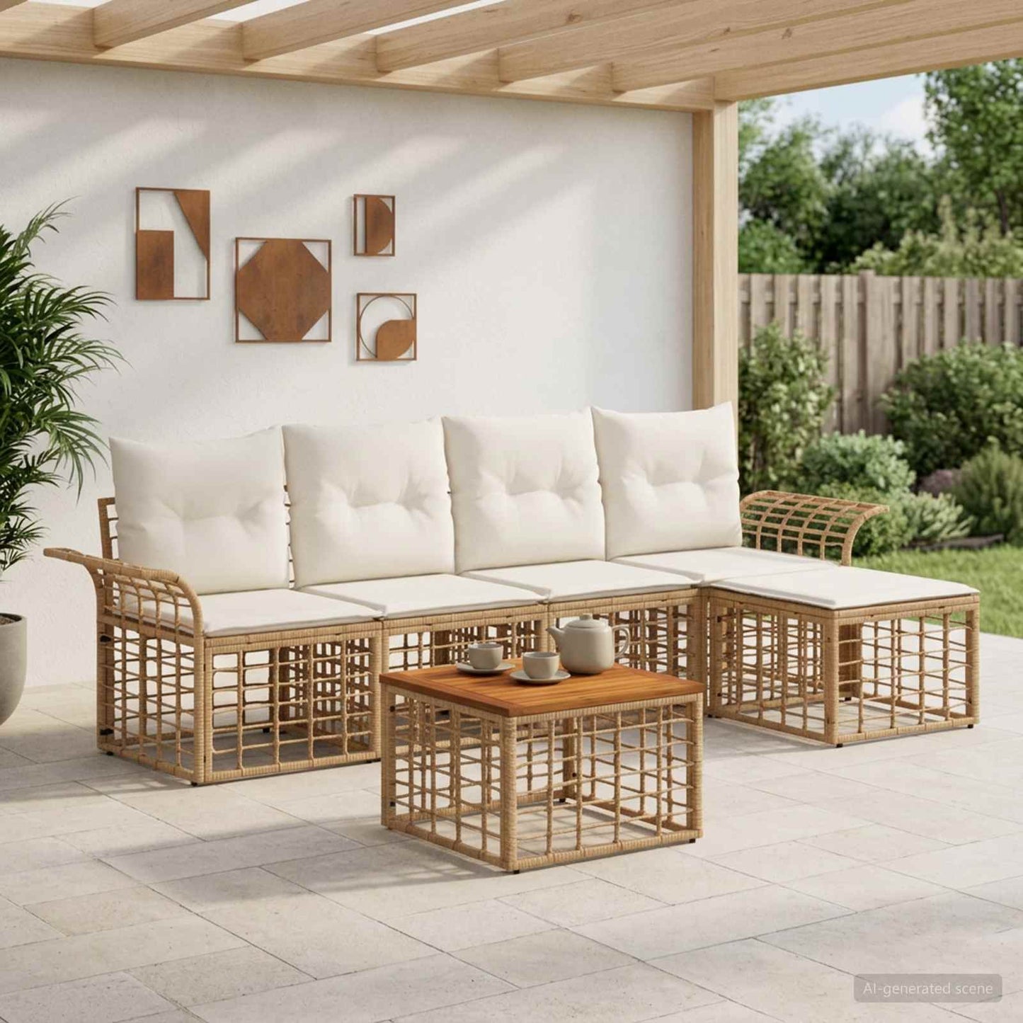 Set di divani da esterno 6 pz Naturale e Bianco Crema