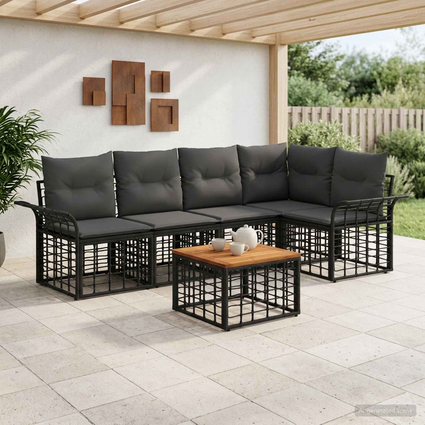 Set di divani da esterno 6 pz Nero e Grigio scuro Poliestere