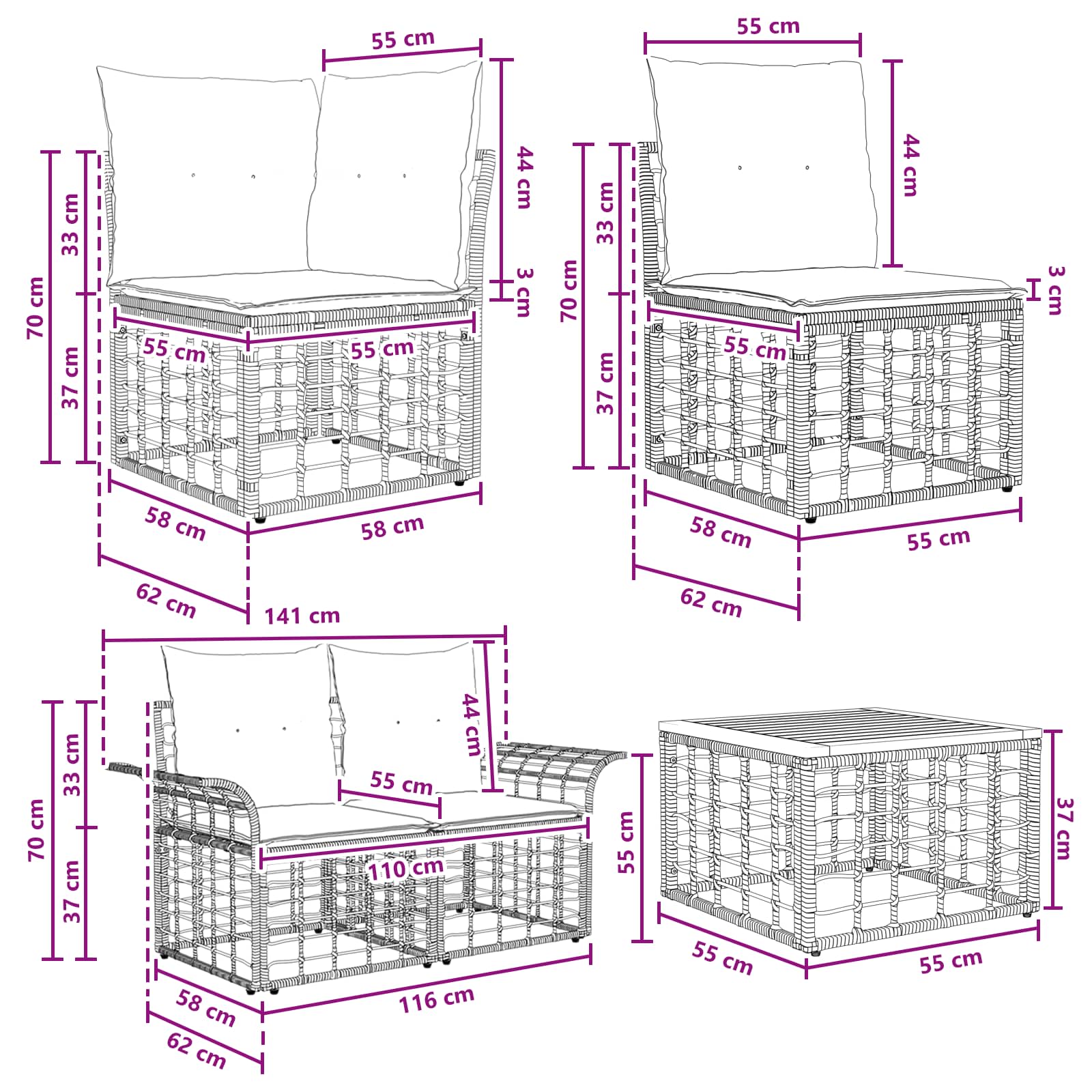 Set di divani da esterno 7 pcs Nero e Grigio scuro Poliestere | homemem39