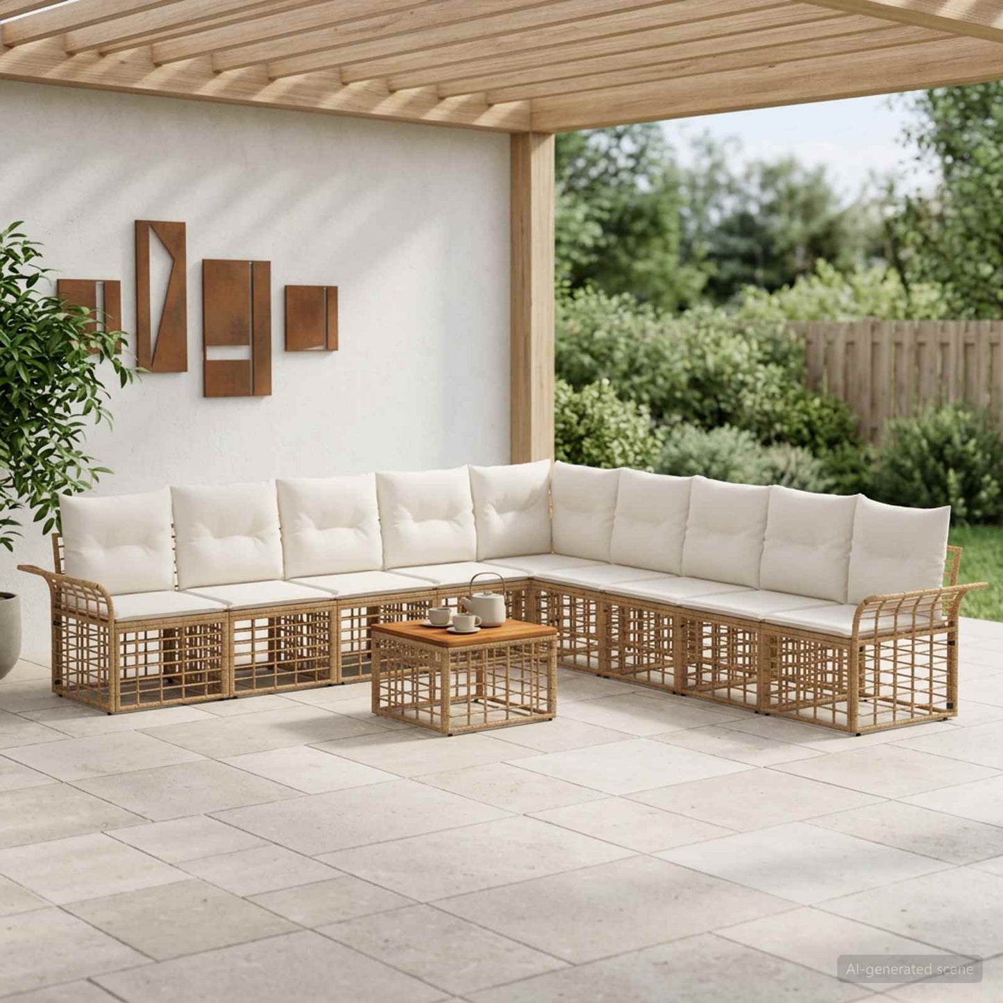 Set di divani da esterno 10 pz Naturale e Bianco Crema