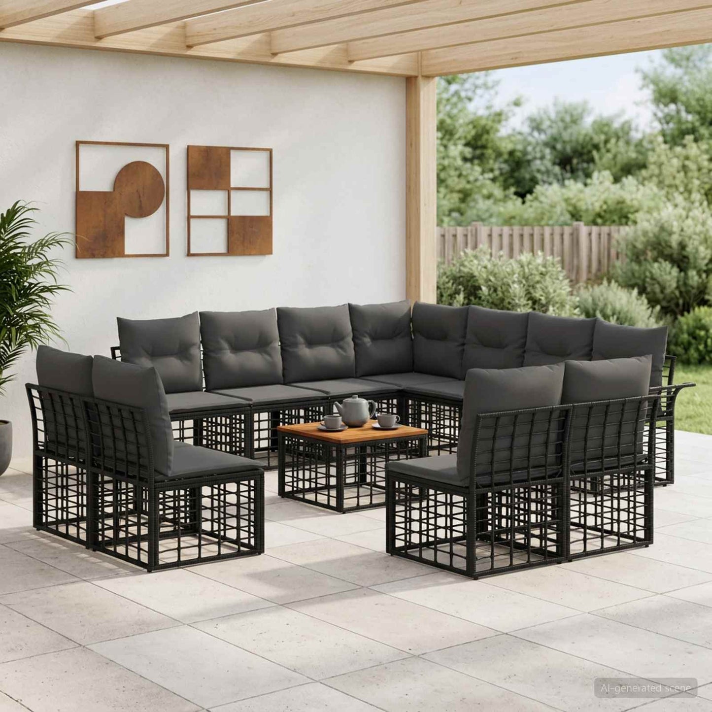 Set di divani da esterno 12 pz Nero e Grigio scuro Poliestere