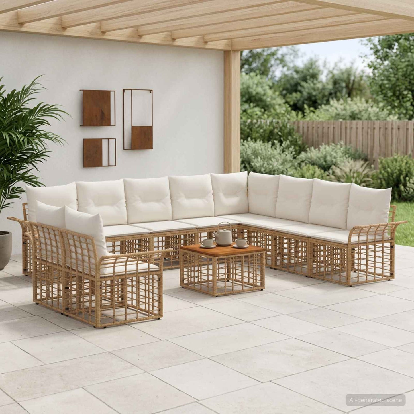 Set di divani da esterno 11 pz Naturale e Bianco Crema