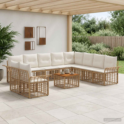 Set di divani da esterno 11 pz Naturale e Bianco Crema