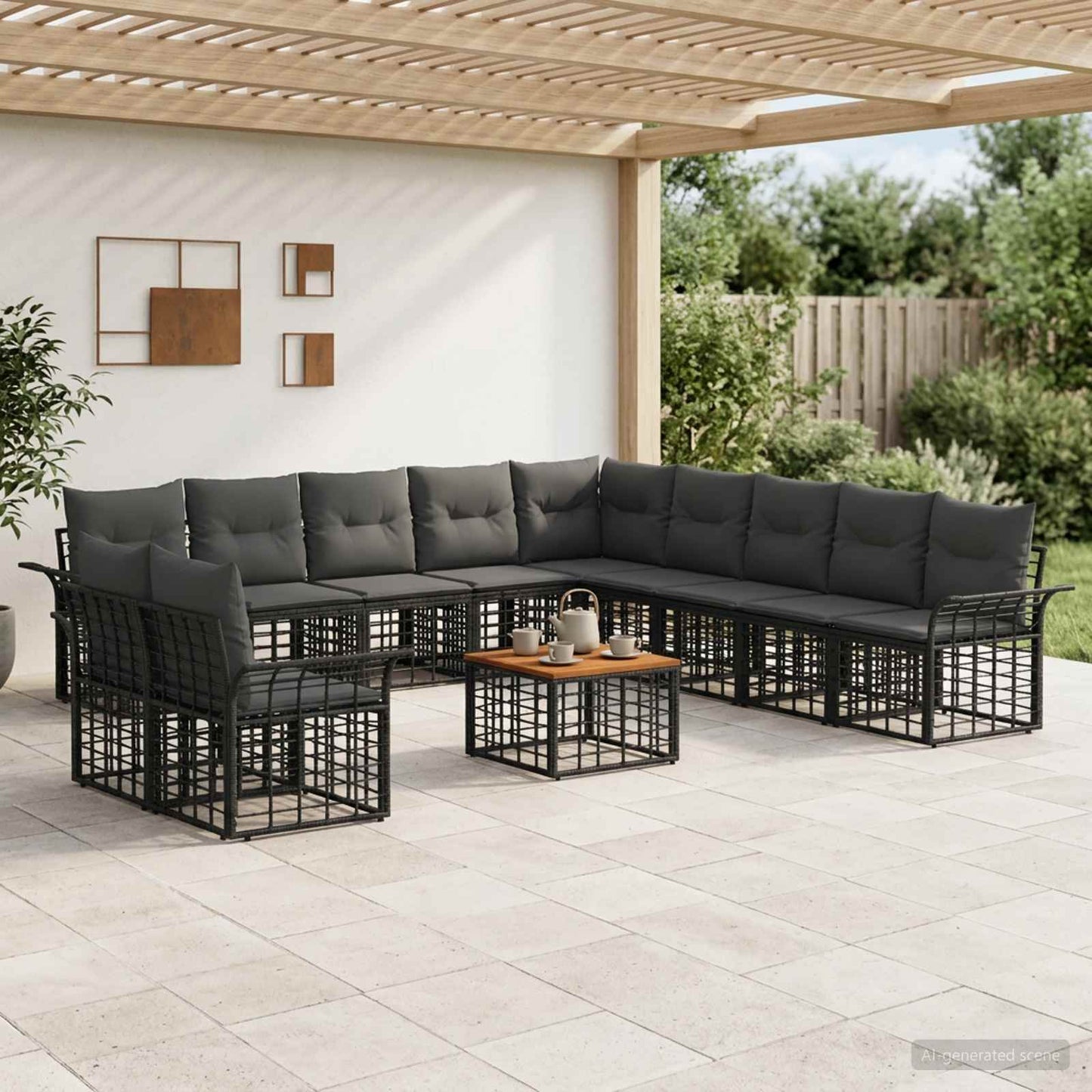 Set di divani da esterno 12 pz Nero e Grigio scuro Poliestere
