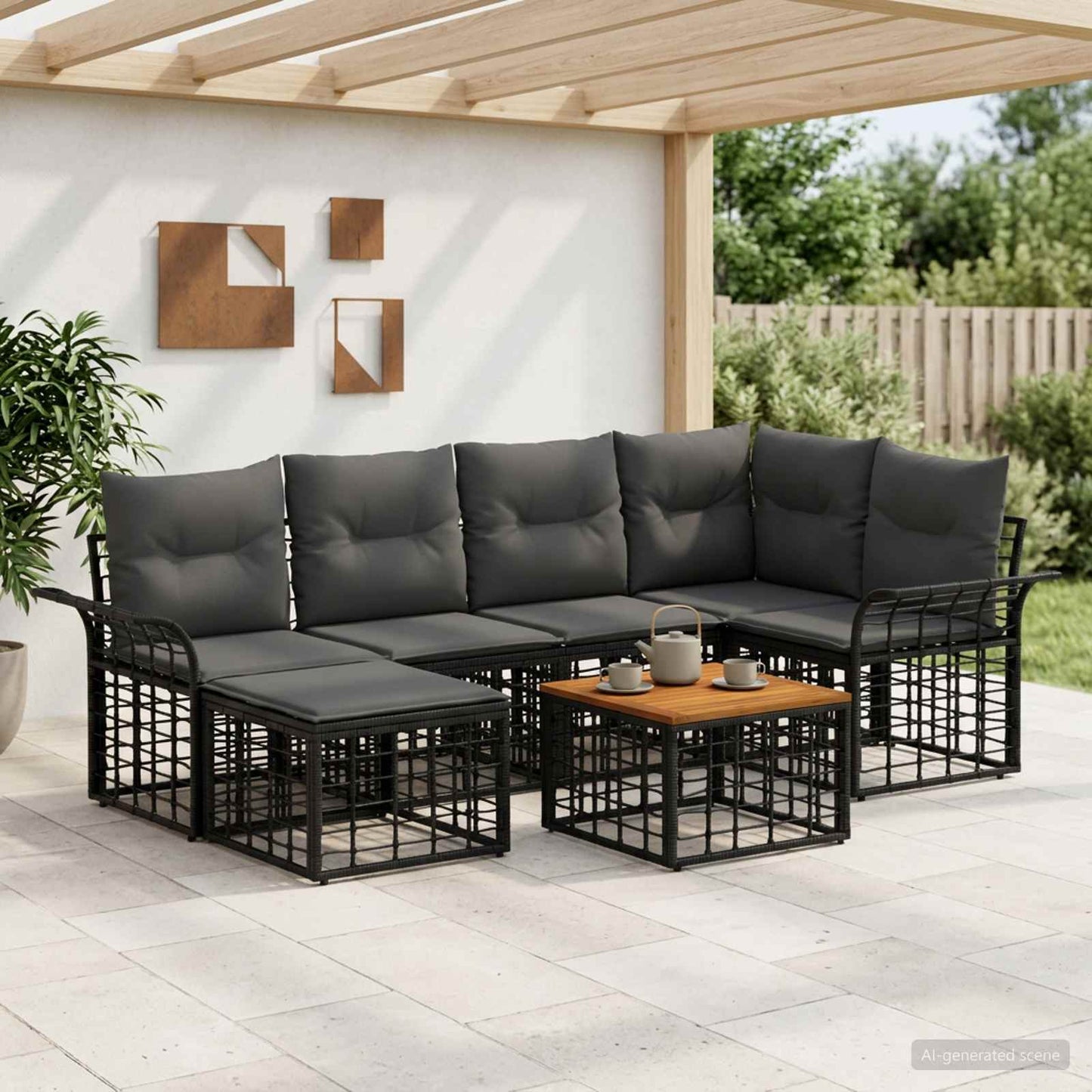 Set di divani da esterno 7 pz Nero e Grigio scuro Poliestere