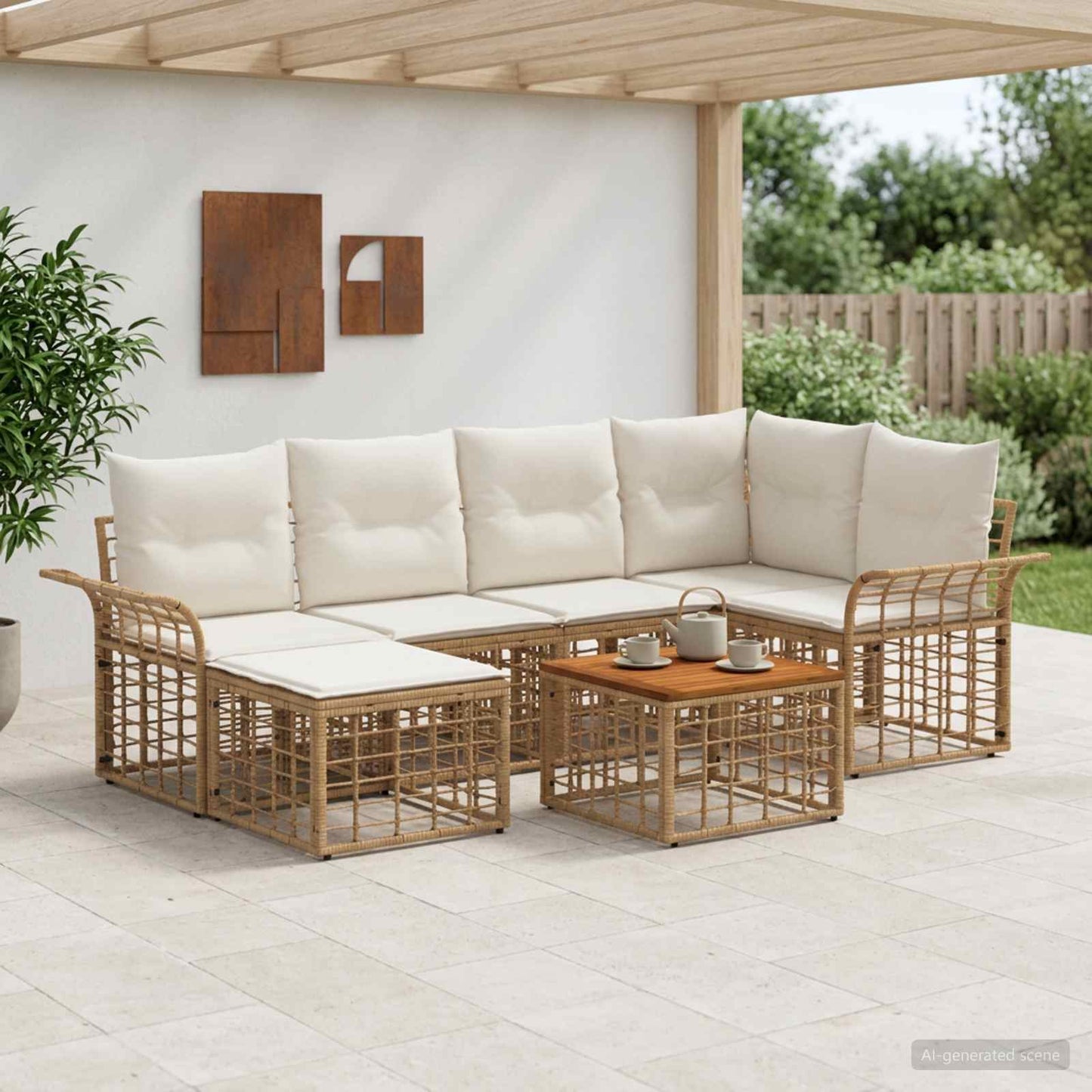 Set di divani da esterno 7 pz Naturale e Bianco Crema