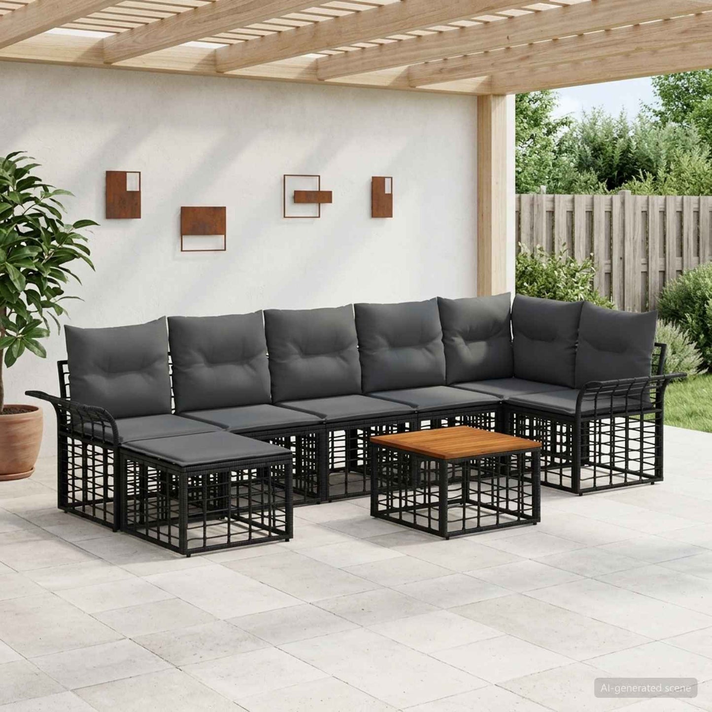 Set di divani da esterno 8 pcs Nero e Grigio scuro Poliestere