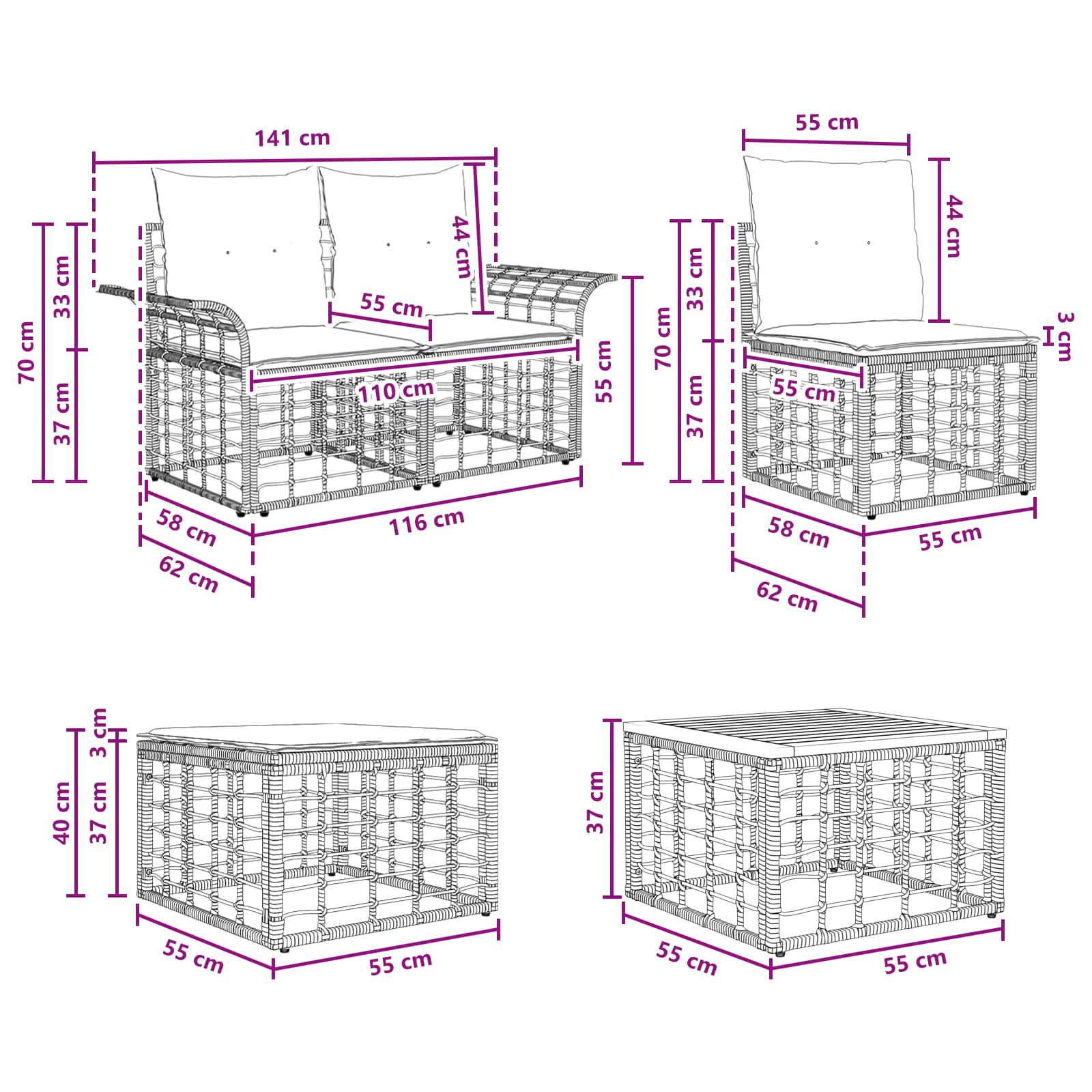 Set di divani da esterno 8 pcs Nero e Grigio scuro Poliestere | homemem39
