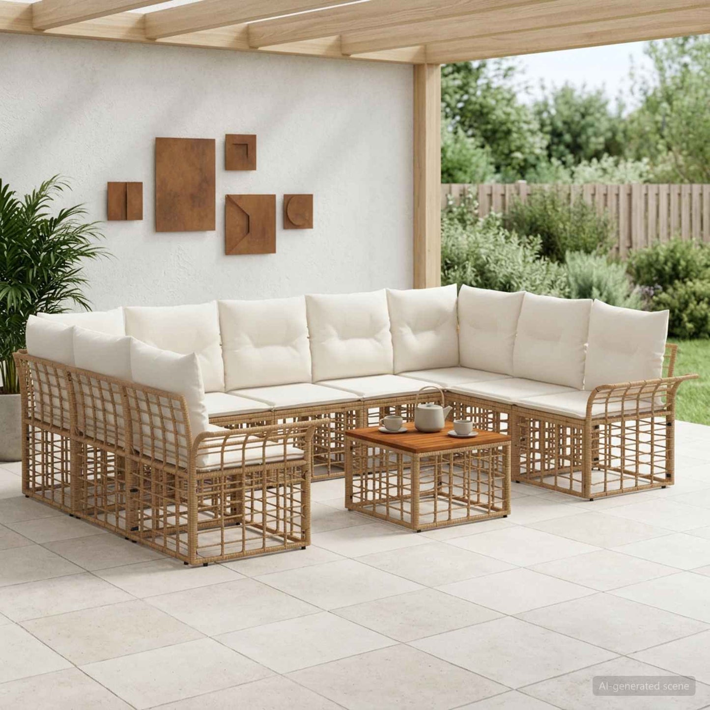 Set di divani da esterno 10 pz Naturale e Bianco Crema