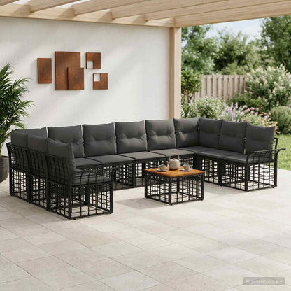 Set di divani da esterno 11 pz Nero e Grigio scuro Poliestere