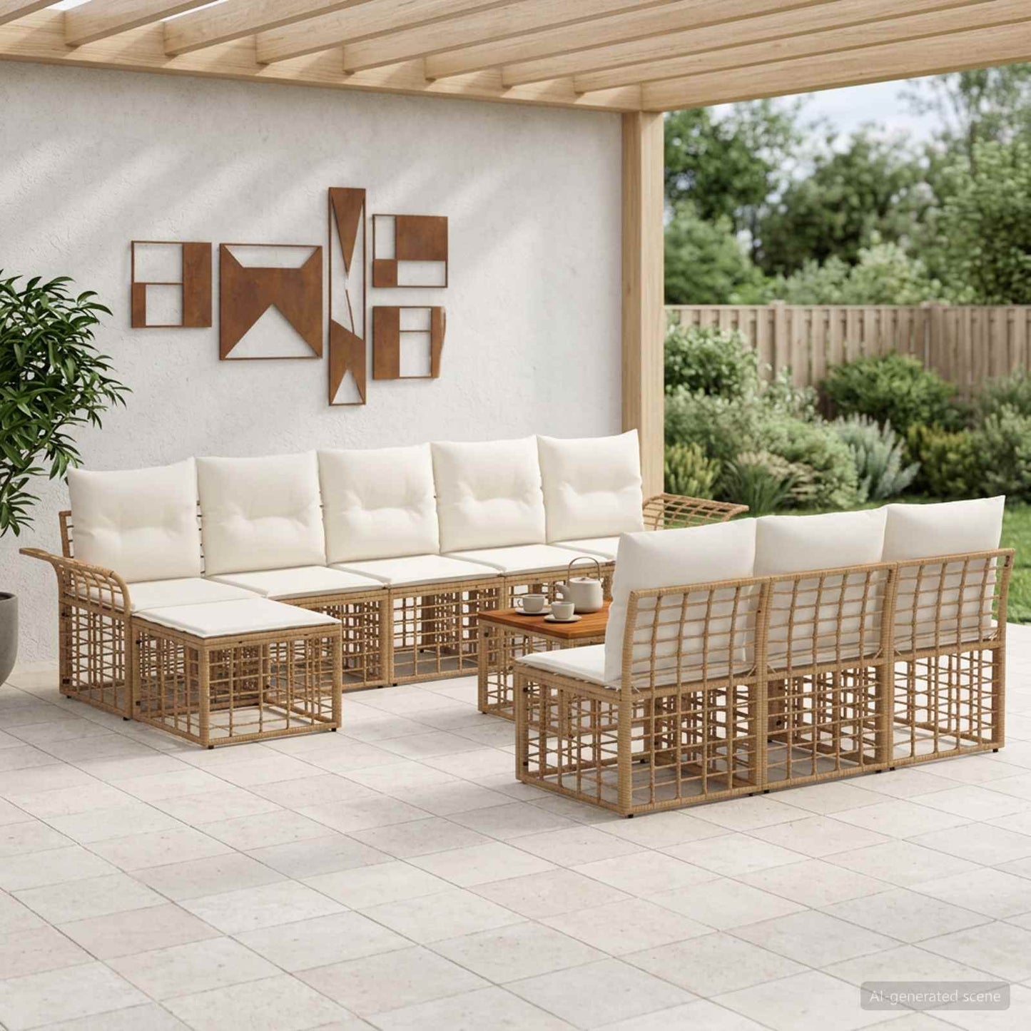 Set di divani da esterno 11 pz Naturale e Bianco Crema