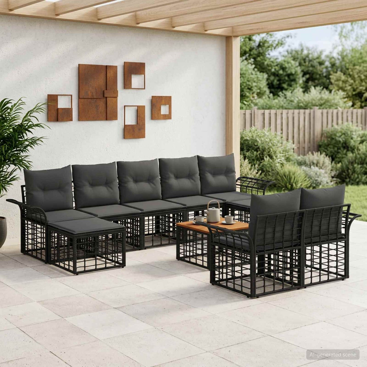 Set di divani da esterno 10 pz Nero e Grigio scuro Poliestere